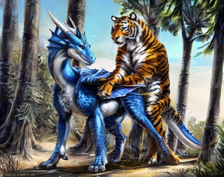 ((((photorealistic feral tiger with blue dragon)))), ((((feral, duo, anal, stomach bulge)))), ((((excessive uine, urine splatter, urine covered)))), ((((standing, doggystyle, sex from behind)))), outside, sunny, blue skys, best quality, shaded, extreme detail, highly detailed, ultradetailed, intricate, realistic, detailed background, hi res, realistic, photography \(artwork\),  \(artwork\), (by kenket), by ross tran, by michael & inessa garmash, by pino daeni, by isvoc, by kiguri, by alena aenami, by ruan jia, (by zenthetiger, by wolfy-nail), by Enki Bilal, by drmax, photorealism, photorealism,