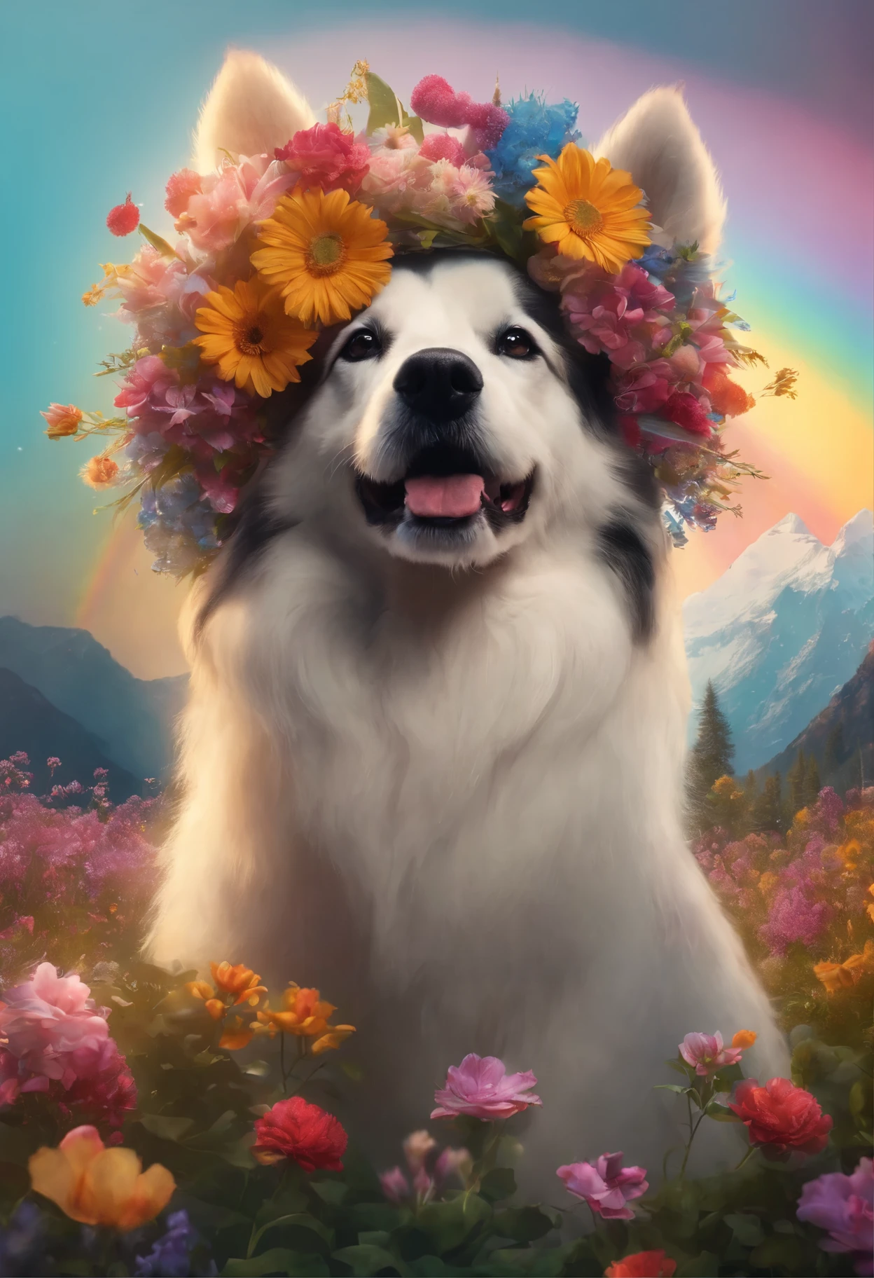 there is a dog with flowers in its fur, with flowers on head and rainbow background, digital art animal photo, beautiful digital artwork, stunning digital illustration, style hybrid mix of beeple, Amazing digital art, gorgeous digital art, Extremely detailed digital art, high detailed digital art, 4k high detailed digital art, beeple. hyper realisitc, detailed digital 3d art