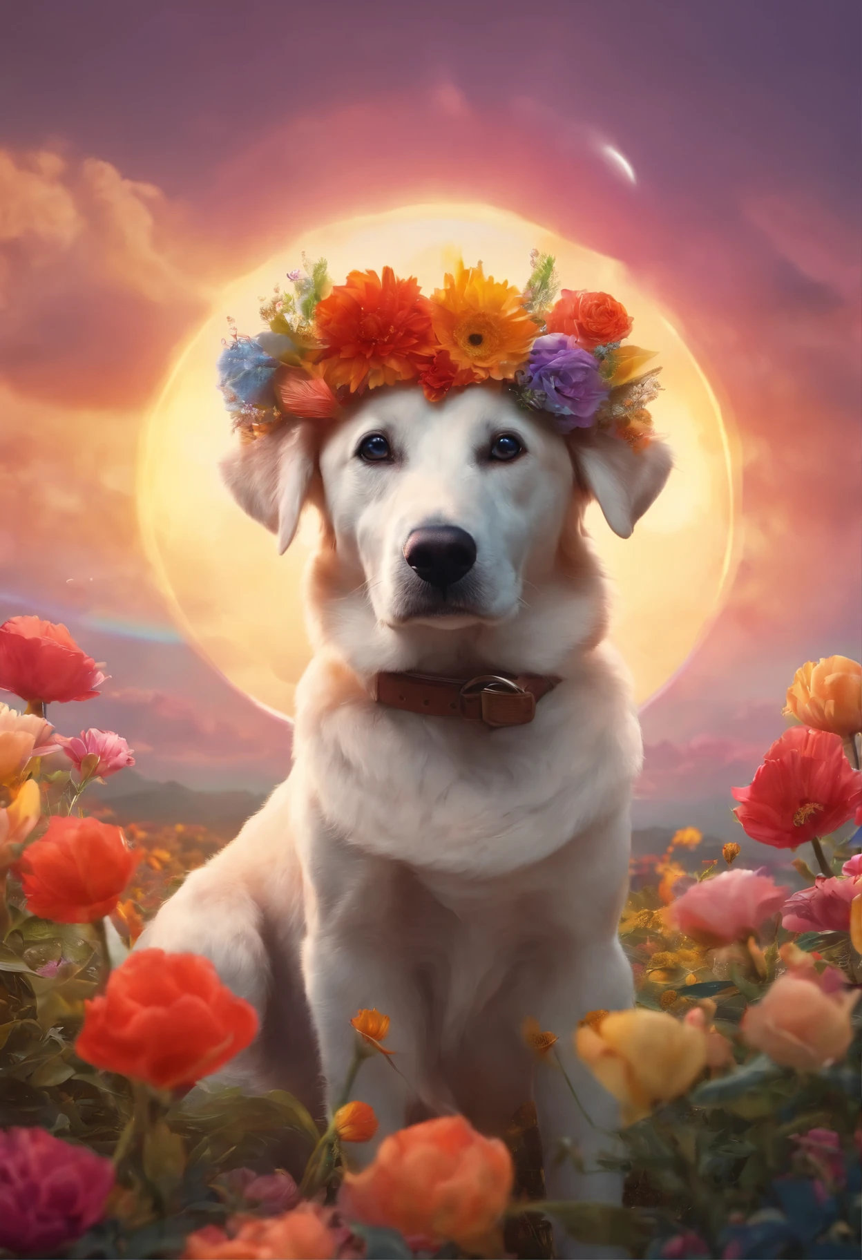 there is a dog with flowers in its fur, with flowers on head and rainbow background, digital art animal photo, beautiful digital artwork, stunning digital illustration, style hybrid mix of beeple, Amazing digital art, gorgeous digital art, Extremely detailed digital art, high detailed digital art, 4k high detailed digital art, beeple. hyper realisitc, detailed digital 3d art