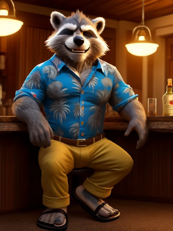 Rocket Racoon, MCU style, full figure, in a Hawaiian shirt and long pants, wears flip-flops, drinks whiskey, drunk, sleepy, dark brown and gray and white fur