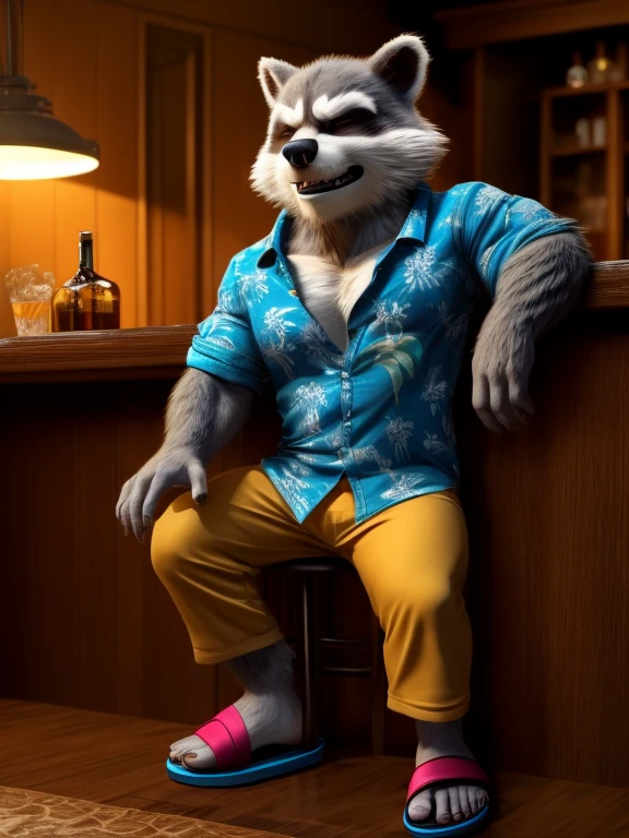 Rocket Racoon, MCU style, full figure, in a Hawaiian shirt and long pants, wears flip-flops, drinks whiskey, drunk, sleepy, dark brown and gray and white fur