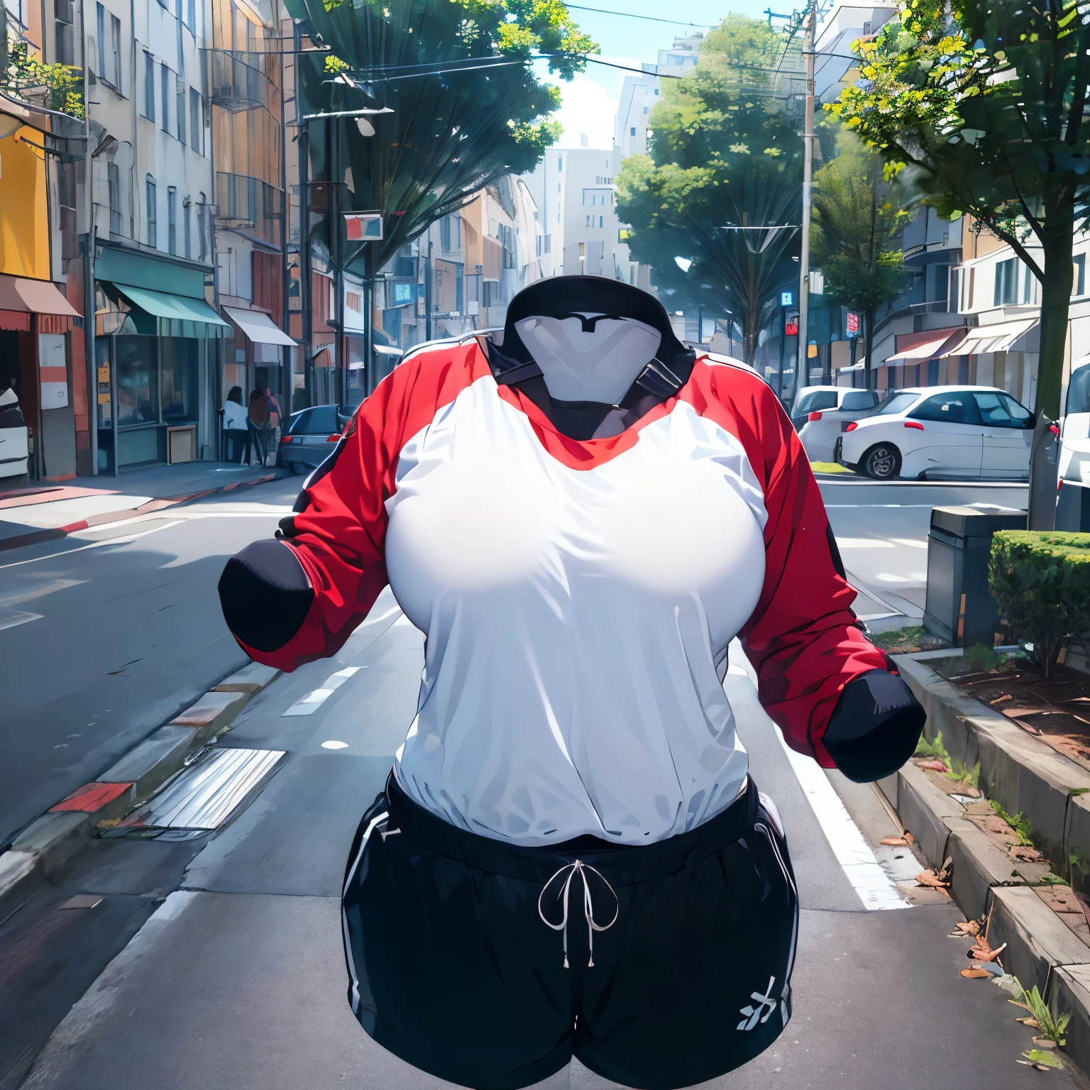 absurdres, highres, ultra detailed, gym uniform, cute big breasts, (invisible, no human, headless, handless:1.5), chubby, (close up to breasts), cute pose