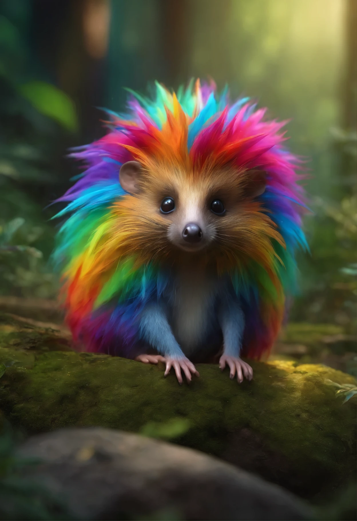 A brightly colored hedgehog sits on a stone in the forest, adorable digital painting, Render monkeys, anthropomorphic hedgehog, rainbow fur, Rendering Marmoset ToolBaged, Zbrush Color Renderer, Рендеринг Marmoset ToolBag, The octane number turns a lonely rainbow, cute 3 d render, dark rainbow colored fur, cute detailed digital art, whimsical demon with rainbow fur