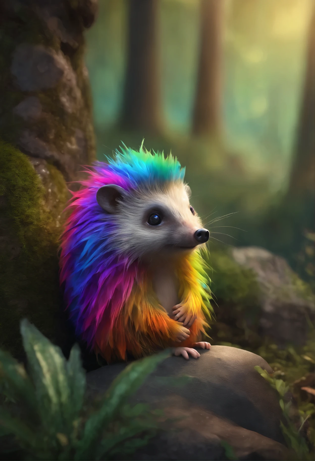 A brightly colored hedgehog sits on a stone in the forest, adorable digital painting, Render monkeys, anthropomorphic hedgehog, rainbow fur, Rendering Marmoset ToolBaged, Zbrush Color Renderer, Рендеринг Marmoset ToolBag, The octane number turns a lonely rainbow, cute 3 d render, dark rainbow colored fur, cute detailed digital art, whimsical demon with rainbow fur