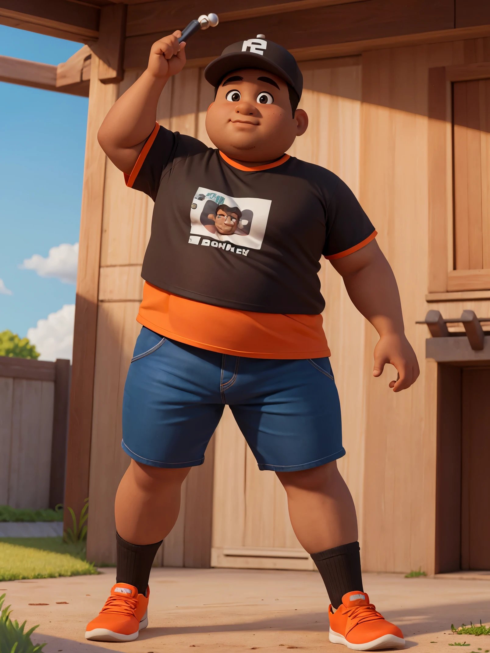 Masterpiece, best quality, official art,extremely detailed CG unity 8k wallpaper, 1 boy, 20 years old boy, fat face, handsome face,  fat body, brown skin, Wearing an orange t-shirt, wearing Black baseball cap.