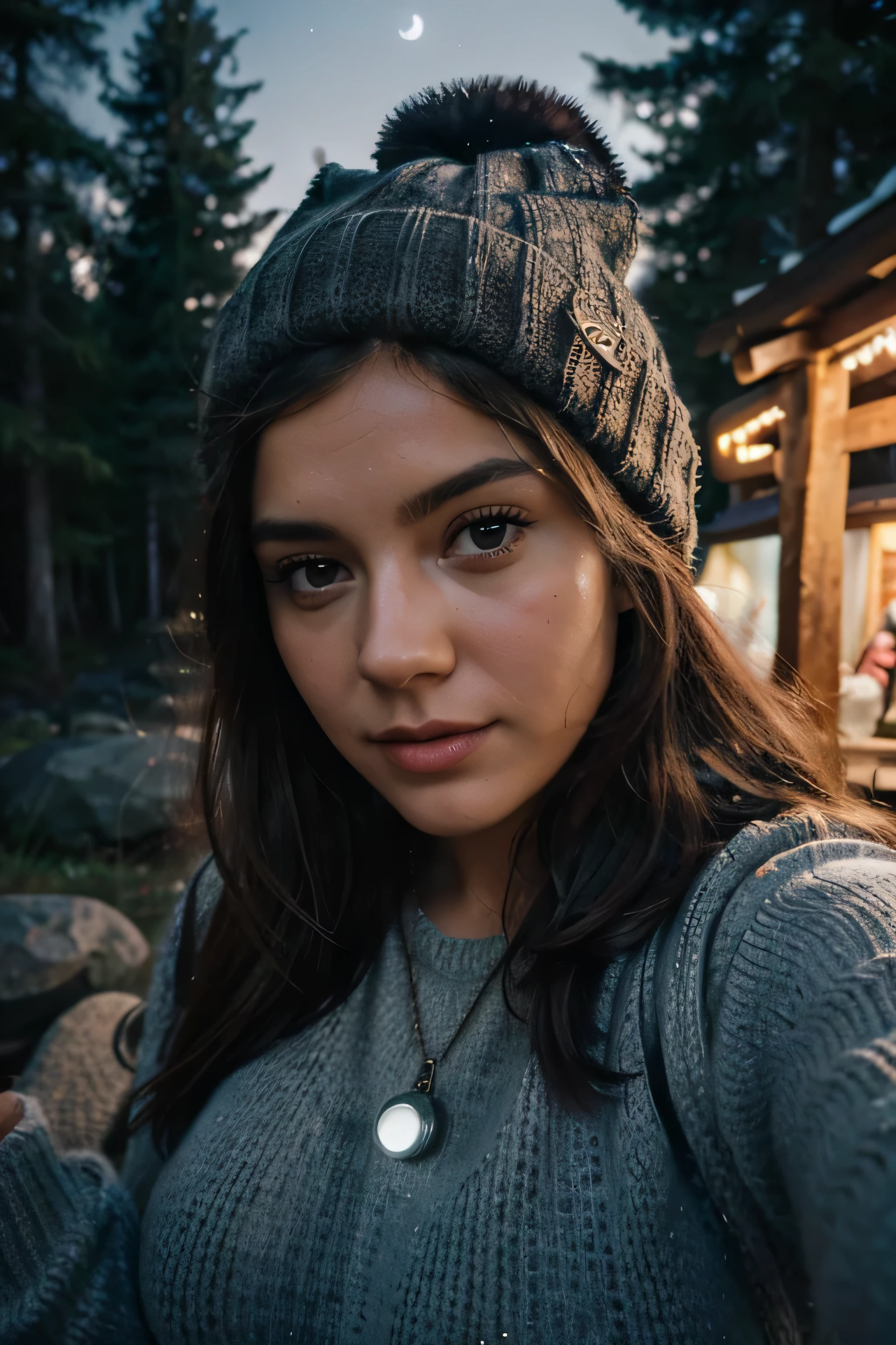 photorealistic, best quality, hyper detailed, beautiful woman, huge boobs, sleepy looking, atnigth theme, selfie photo, upper body, solo, wearing pullover, outdoors, (night), mountains, real life nature, stars, moon, (cheerful, happy), sleeping bag, gloves, sweater, beanie, flashlight, forest, rocks, river, wood, smoke, fog, clear sky, analog style, looking at viewer, skin texture, film grain, close up, ultra high res, best shadow, RAW, instagram LUT