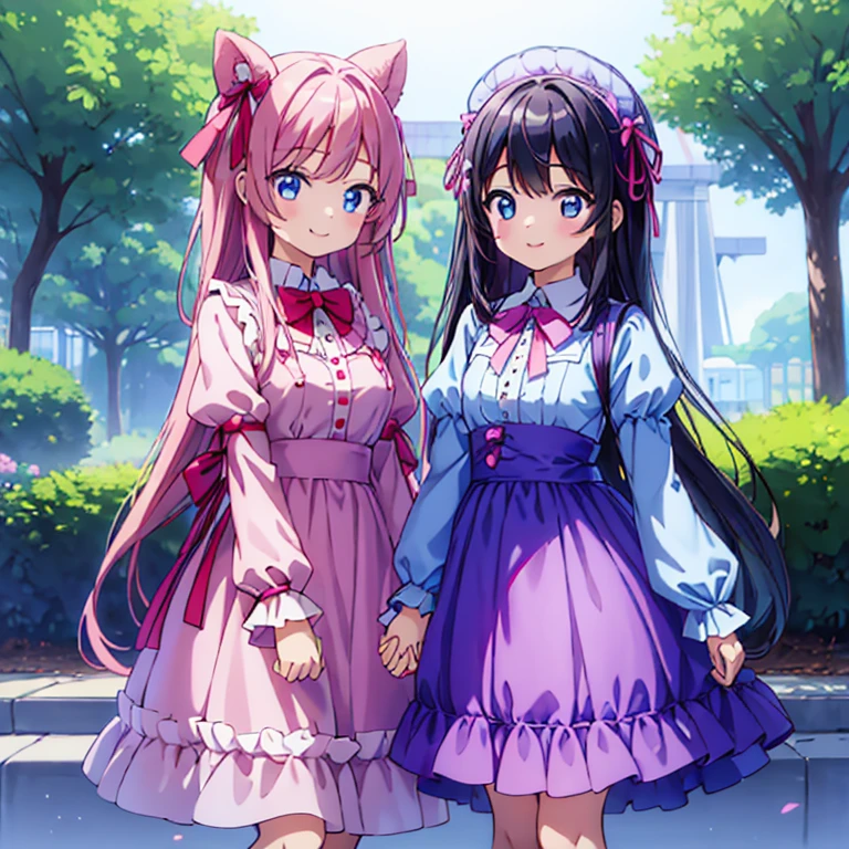 2 girls、standing holding hands、a smile、pink clothes、blue clothes、Transparency、2 girls、bow ribbon、standing holding hands、a smile、a park、half up、Twin-tailed、Transparency、Three-dimensional、fluffly、long-sleeve、A dark-haired、optic