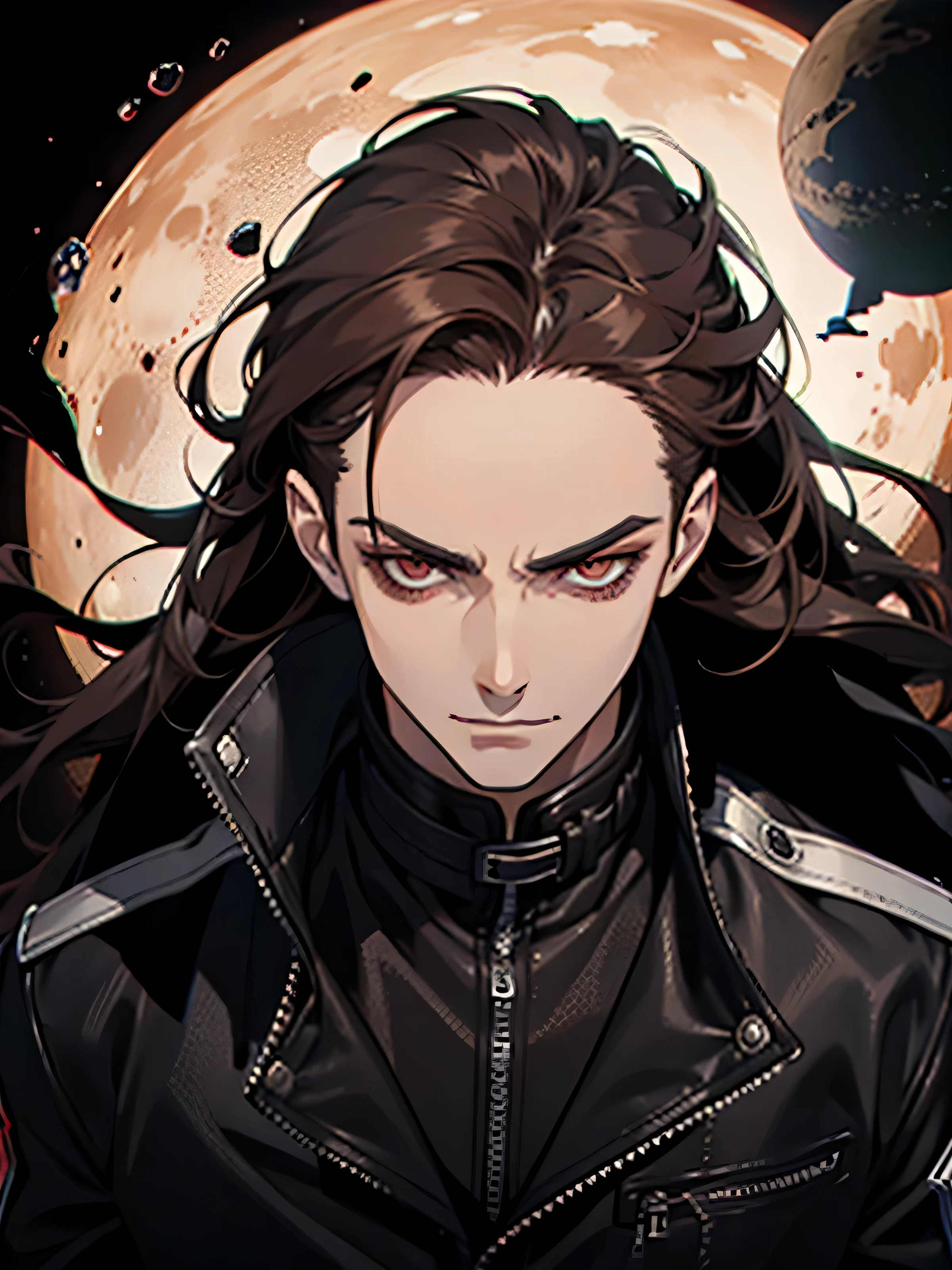 Masterpiece, Best quality, 1 homme, humain, adulte, 20 ans, veste en cuir, mauvais look, mauvais smile, mauvais, Iris rouge, Dark Hair, cheveux longs, front plie, visage vicieux, dark themed, sous une planete, Face avant, Légèrement par le haut, (Haut du corps)