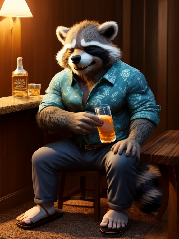 Rocket Racoon, MCU style, full figure, in a Hawaiian shirt and long pants, detailed paws, wearing flip flops, drinks whiskey, drunk, sleepy, dark brown and gray and white fur