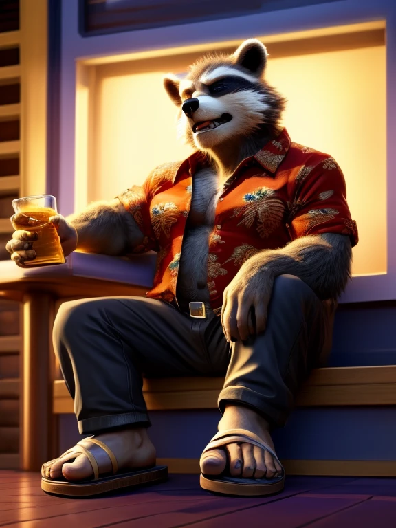 Rocket Racoon, MCU style, full figure, in a Hawaiian shirt and long pants, detailed paws, wearing flip flops, drinks whiskey, drunk, sleepy, dark brown and gray and white fur