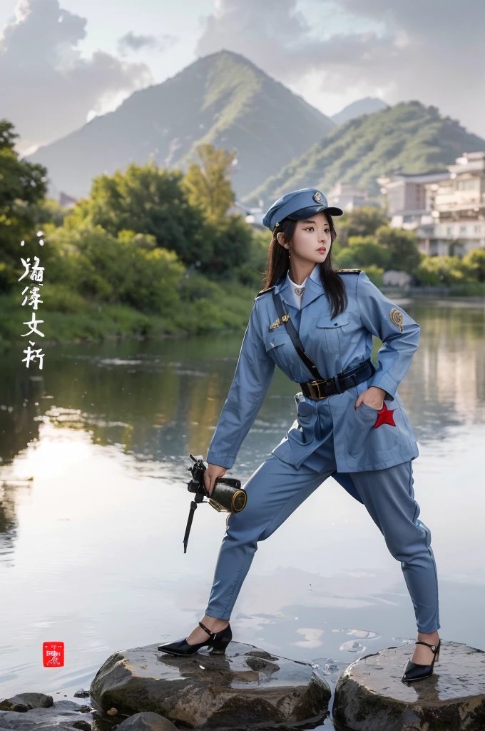 (quality、超A high resolution、masterpiece:1.3), A photo of an extremely cute and beautiful Chinese female soldier, (cabelos preto e longos:1.2), , (Beautiful girl in detail:1.4), On the table, With bangs, Delicately moisturizes eyes, ctextured skin, Best quality at best, illustratio, ultra - detailed, finely detailled, A high resolution, 8K, the wallpaper, Perfect dynamic composition, 美丽细致的眼睛, natural lips, , Chopping, casual sexy pose,(Detailed black rimless glasses：1.3)(Detail of blue army cap，engraved red star：1.3) (Detailed white tight uniform，Has gold shoulder and collar badges:1.3), ,(Detail of tight blue trousers，With pockets:1.3),(Detailed black high heels：1.3) Quiet riverside in the morning。