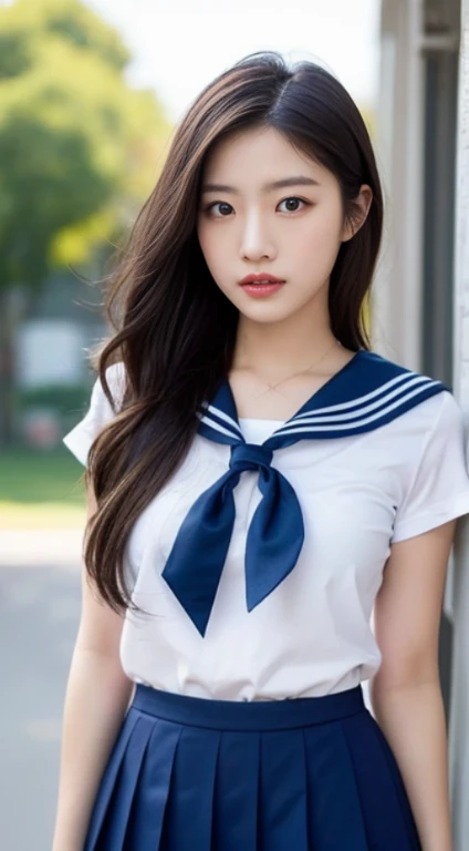 Wearing a short skirt posing for a photo, female students, , a hyperrealistic schoolgirl, in a white shirt, Hot with shining sun, A woman with the same face as last time,4K、1Man Woman、A slender、 Loose wavy styling 、captivating and enticing、FULL BODYSHOT、Including face and skin texture.,Detailed eyes、微笑みをうかべてikun表情, a hyperrealistic schoolgirl, Be braless、胸元が開いてikun、wearing sailor suit,ikun