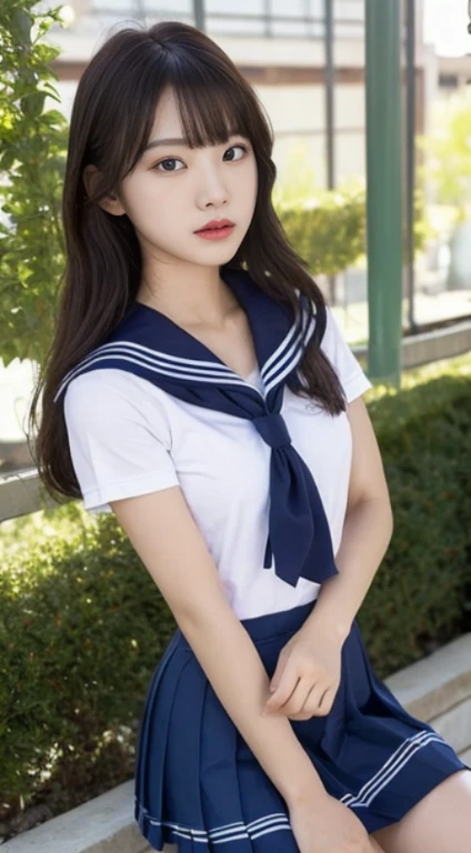 Wearing a short skirt posing for a photo, female students, , a hyperrealistic schoolgirl, in a white shirt, Hot with shining sun, A woman with the same face as last time,4K、1Man Woman、A slender、 Loose wavy styling 、captivating and enticing、FULL BODYSHOT、Including face and skin texture.,Detailed eyes、微笑みをうかべてikun表情, a hyperrealistic schoolgirl, Be braless、胸元が開いてikun、wearing sailor suit,ikun