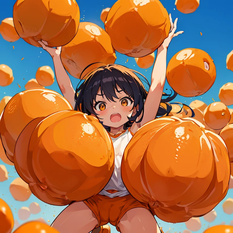 garteners covered in oranges jump while offering bouncing oranges、Amazing dynamism、Amazing Angle、Sandstorm of unstable splitting power、(Lots of friendly little oranges jumping and chasing each other.)、(surround each other'A large amount of bound mandarin oranges)