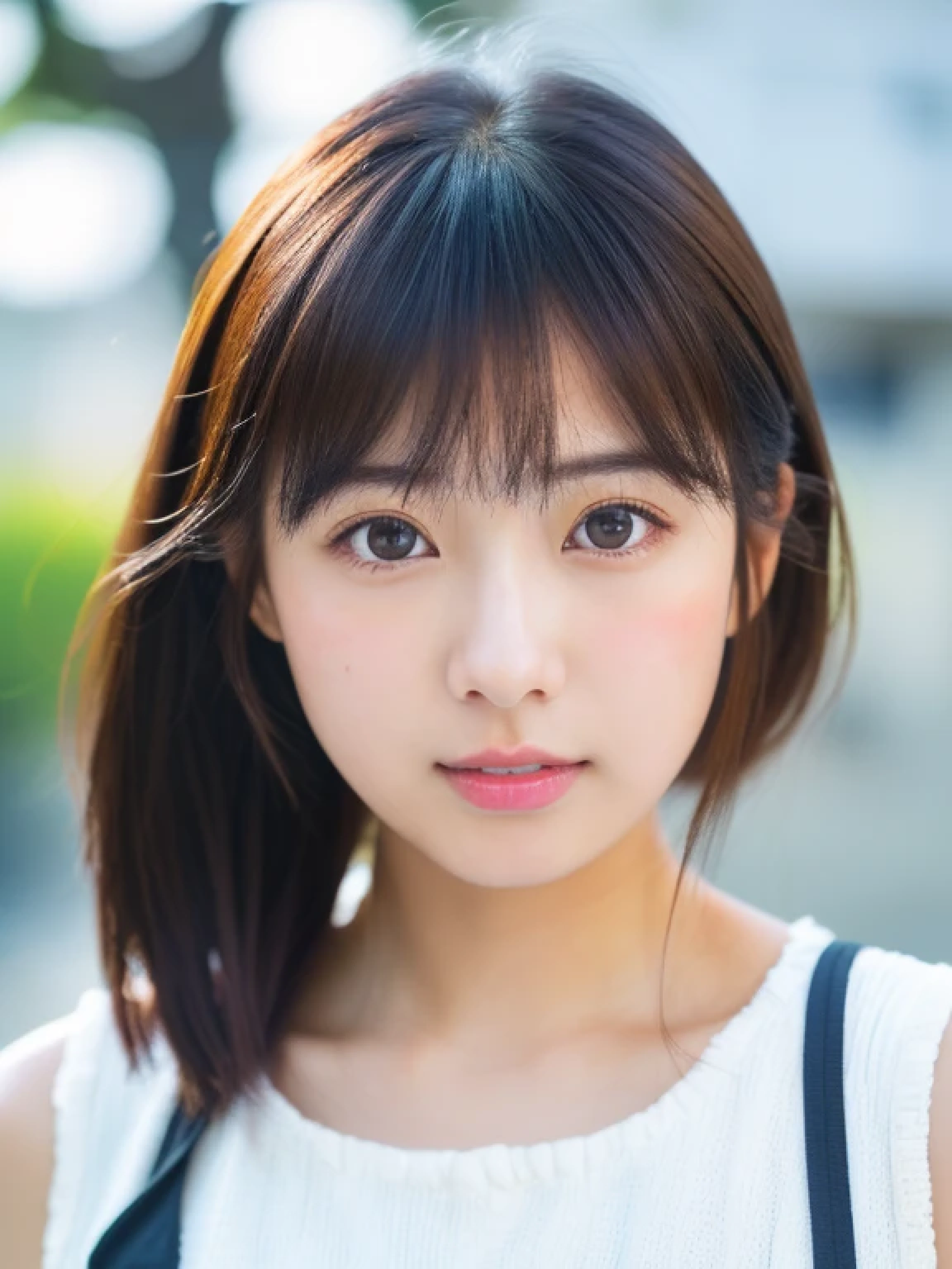 ((cute little日本の女の子、Beautiful japanese girl、1 girl in、Unclear、age19、poneyTail、Highly detailed facial and skin texture、refinement、hyperdetailed face、ultradetailed eyes、blusher、blush、teak、ピンクのteakを塗った頬、close-up of woman、bustup、frontageを向いている顔、frontageを向いている体、Looking at the camera、frontage、cute little、smooth white skin、Transparent skin texture、))、(dark brown hair、bangss)、Beautiful Women in Perfect Style:1.4、Japanese Models、Young gravure idols、若いcute littleグラビアアイドル、Realistic Young Gravure Idol、refinementされたグラビアアイドル、((top-quality、in 8K、masterpiece:1.3、1Photo))、(4K、RAW Photography、top-quality)、(reallistic、フォトreallistic:1.37)、Place a person on the other side of the screen、natural soft light、upper body and head、