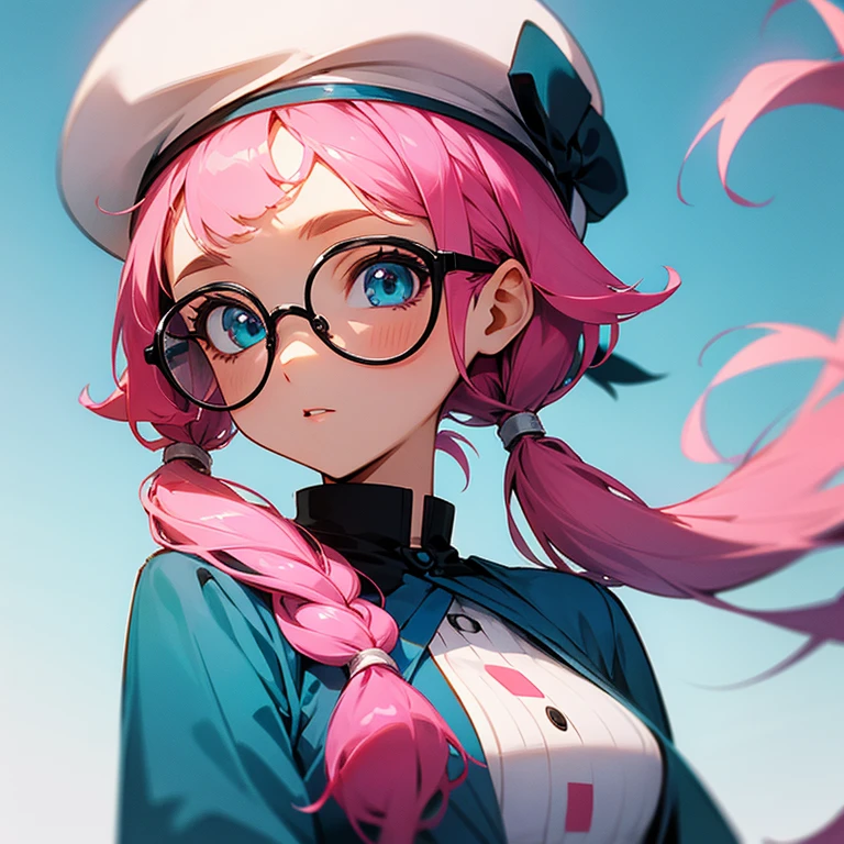 girl with wispy side bangs and low braided pigtail pink hair and a turquoise beret hat. She has light blue eyes, full with curiosity. red glasses. fair skin.