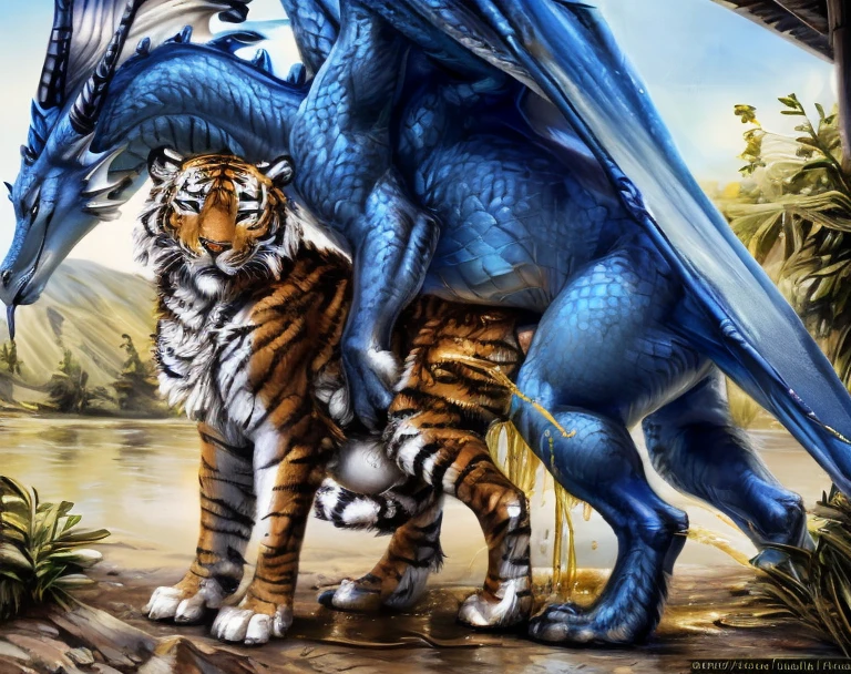 ((((photorealistic feral tiger with blue dragon)))), ((((feral, duo, anal, stomach bulge)))), ((((excessive urine, urine splatter, urine covered)))), ((((standing, doggystyle, sex from behind)))), outside, sunny, blue skys, best quality, shaded, extreme detail, highly detailed, ultradetailed, intricate, realistic, detailed background, hi res, realistic, photography \(artwork\), \(artwork\), (by kenket), by ross tran, by michael & inessa garmash, by pino daeni, by isvoc, by kiguri, by alena aenami, by ruan jia, (by zenthetiger, by wolfy-nail), by Enki Bilal, by drmax, photorealism, photorealism,