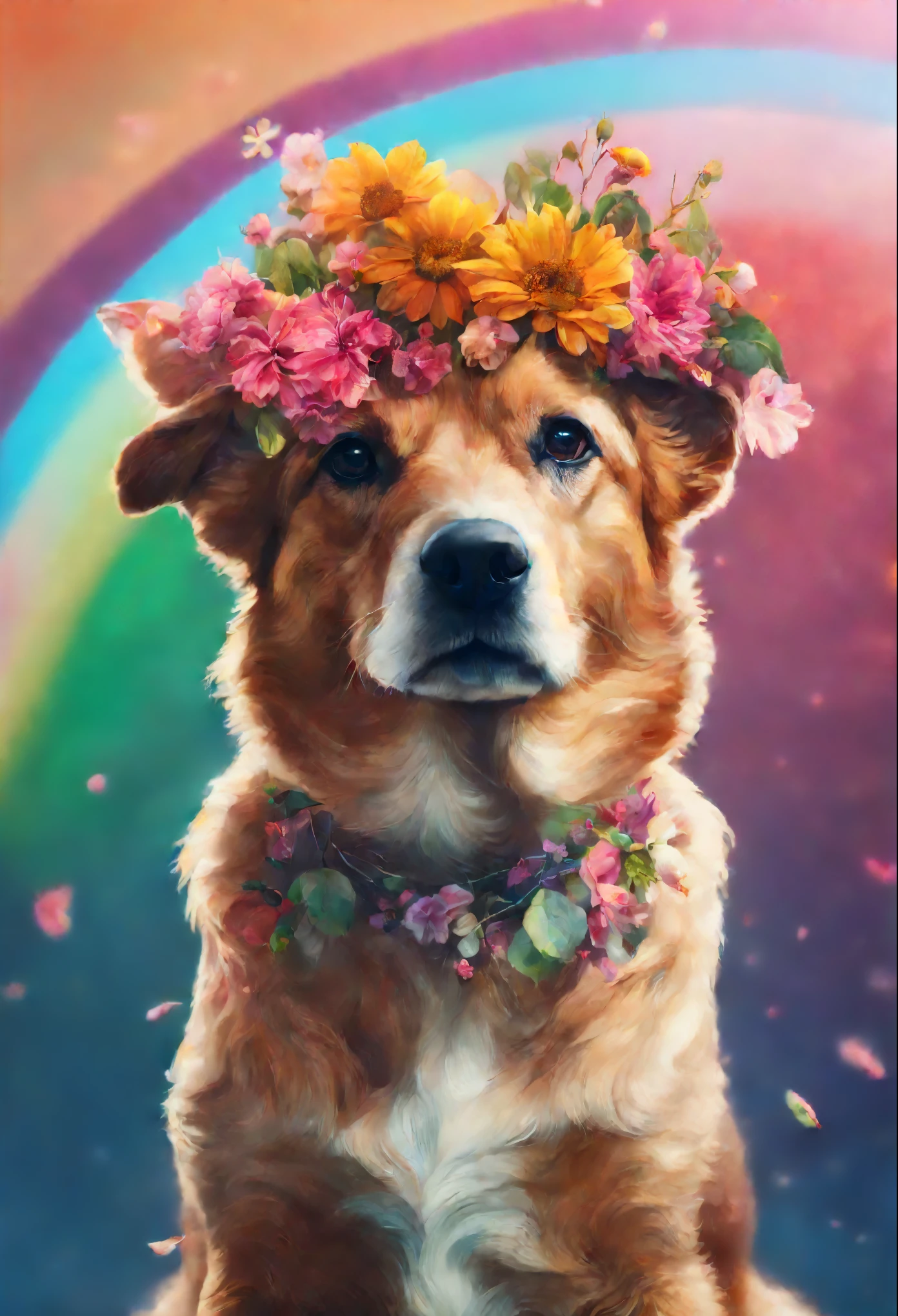 there is a dog with flowers in its fur, with flowers on head and rainbow background, digital art animal photo, beautiful digital artwork, stunning digital illustration, style hybrid mix of beeple, Amazing digital art, gorgeous digital art, Extremely detailed digital art, high detailed digital art, 4k high detailed digital art, beeple. hyper realisitc, detailed digital 3d art