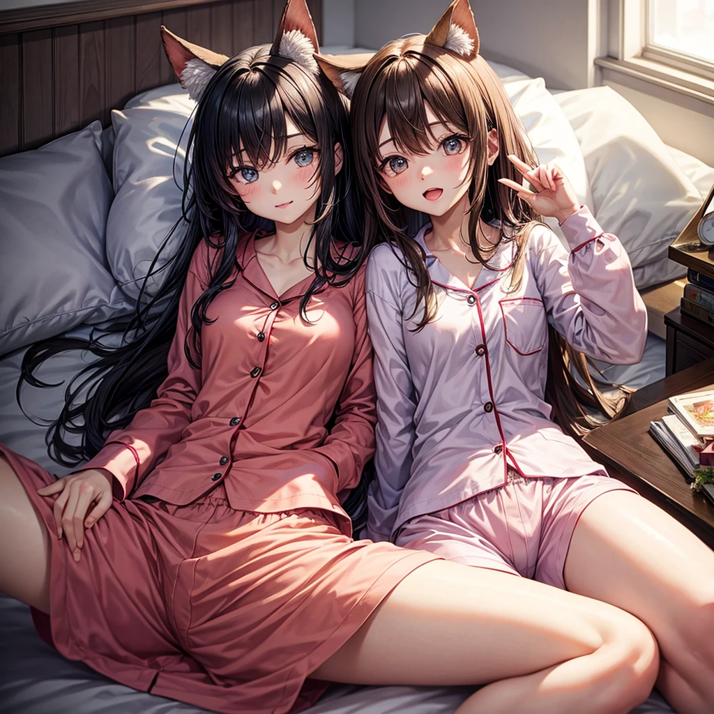 一人のCat ear girl,Close-up of face,Young Girl,Young,Lying with my whole body spread out on the soft bed,Laying my head on the pillow,Sleeping with the left side facing down,Sleeping with both eyes closed,So close you can hear me breathing,Fireworks Night, Yukata, A huge fireworks falling from the sky, visible from both windows behind me,Cat ear girl, delicate design, Bright colors, detailed character design, Soft light and shadow, Cat's Tail, Cat print yukata, Fireworks in the night sky, Face illuminated by light, Characters stand out, The background is blurred, The focus is on the characters, Sharp details, Dim light at night,Dimly lit room