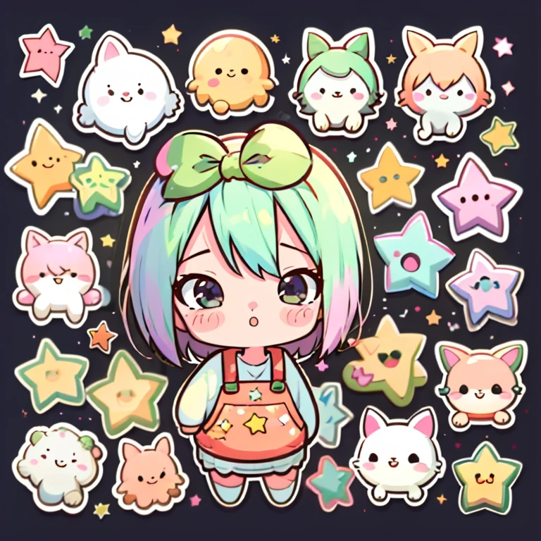 Multiple stickers, sticker, (cute) , stars, white background, no background,  background, minimal, cute, tiny, pastel color, vector style, no gradient, simple stickers, yotsuba nakano head, yotsuba nakano stickers