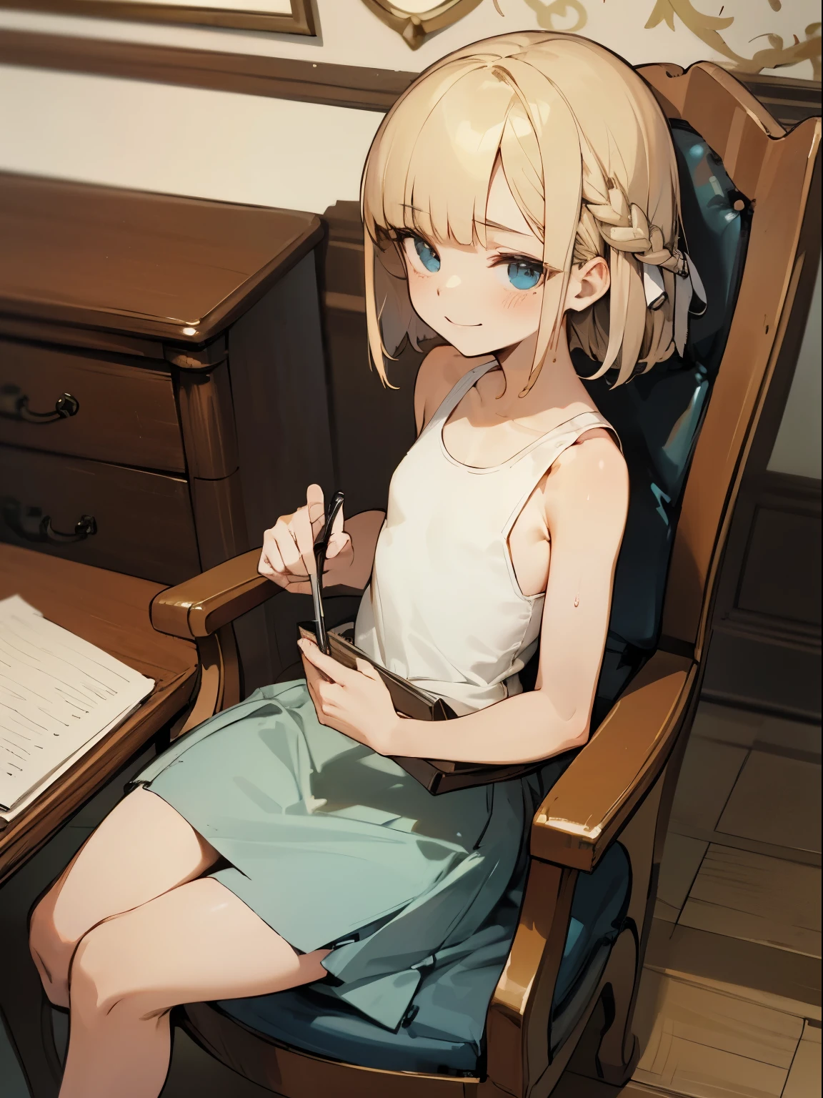 Reines, 1girl, high quality, best quality, illustration, masterpiece, (highly detailed:1.2), (extremely detailed:1.3), flat chest, white tank top, young girl, ribbon, school skirt, braid, petite, li, in a house, short hair, sweaty, sitting on chair, smiling, writing on desk, wearing jacket