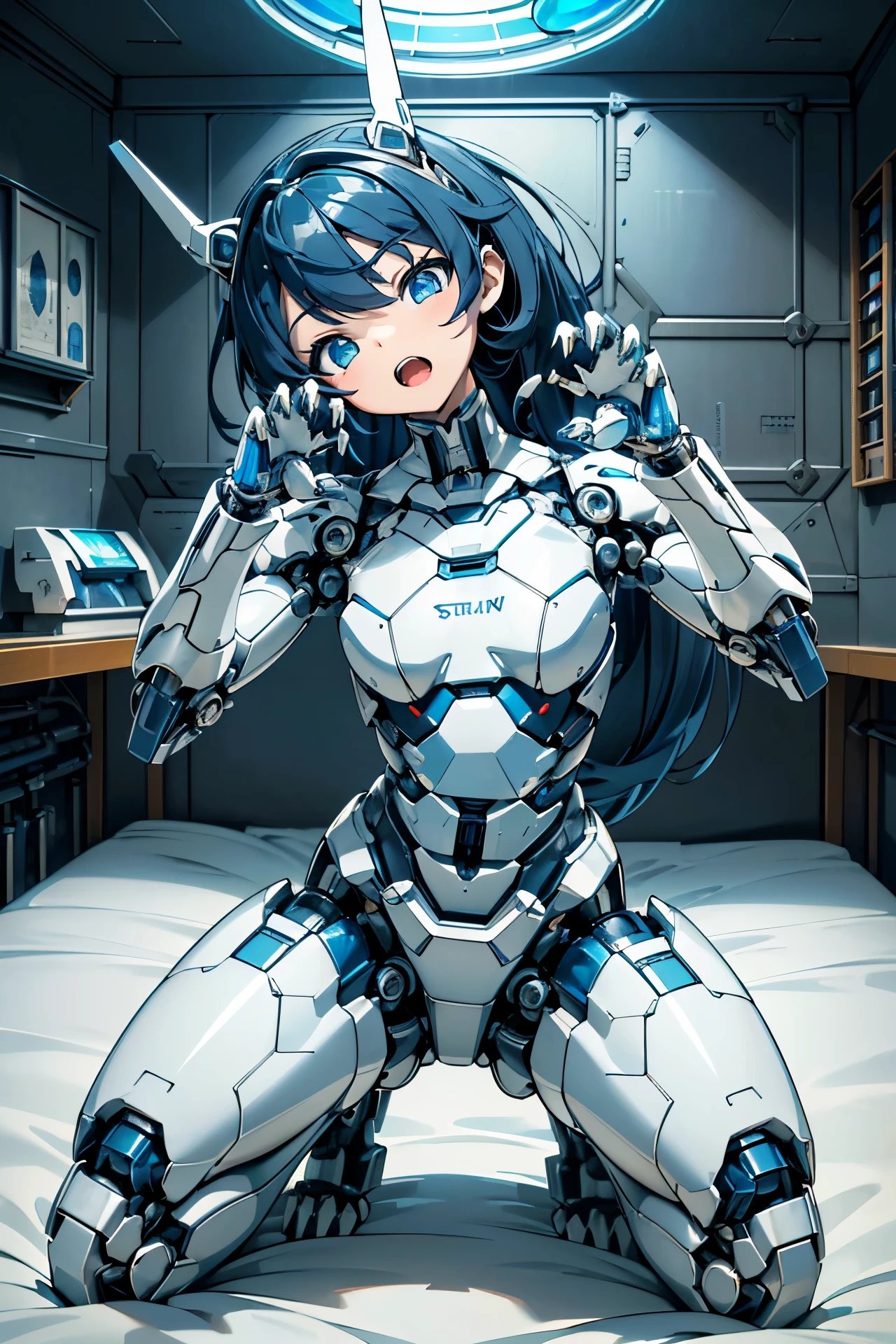 (((masterpiece))), (((Best Quality))), (((high quality))), (((beautiful))), (((8K))), (((highres))), (((absurdres))), (((exquisite))), (((Ultra high definition))), (((High resolution))) loli robot, (toddler:1.4), (Highly detailed and extremely complex mechanics:1.3), (extra large head:1.5), (darkblue hair), (Super long dark blue sideburns), (dark blue long ponytail), (Very small blue eyes:1.4), (Super drooping eyes:1.4), (Highly detailed eye depiction), (overweight), (super short legs), (Streamlined body based on pure white), White and navy blue pilot suit, navy blue tight-fitting clothes, White and navy blue shoulder cover clothes, White and navy blue shiny clothes, navy blue tight fit pants, White and navy blue thigh cover pants, (Machine body:1.4), (Mechanical joints:1.4), (An extremely complex machine visible through its joints:1.4), mecha musume, Mechanical parts, Robot joints, Headgear, (Squatting on the bed:1.4), (Open mouth:1.4), (Bedroom and walls inside a mechanical spaceship:1.3), (spaceship round window 1.4), (claw pose:1.4), (Head tilt:1.5)