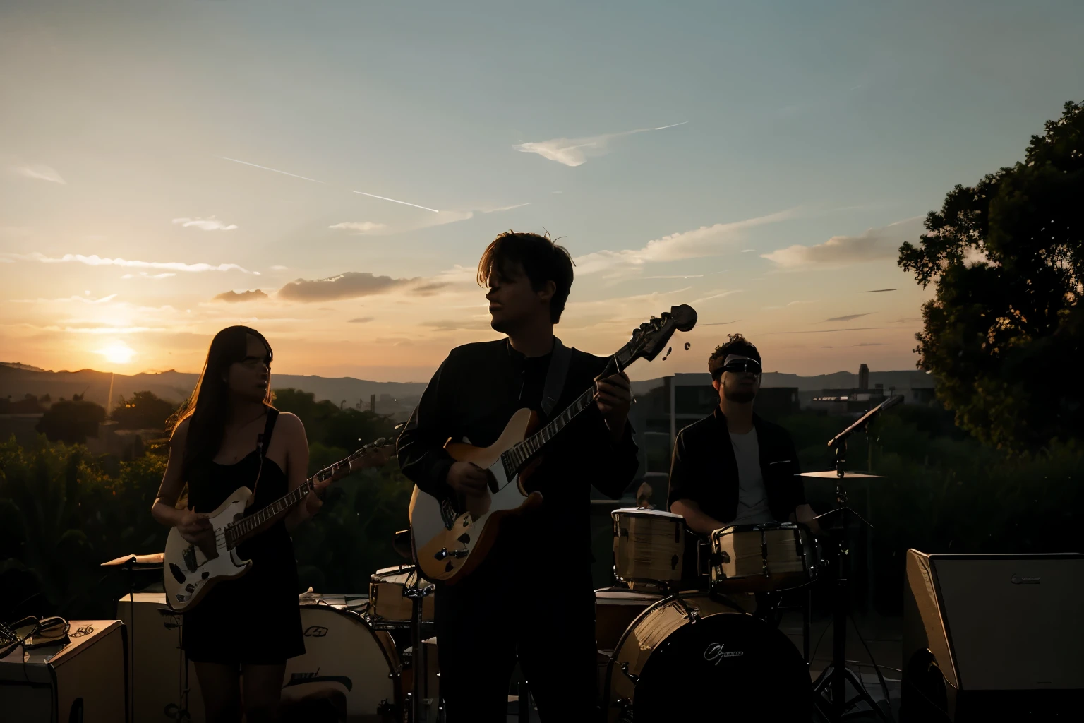 Silhouette of a 3-piece band, playing against the setting sun