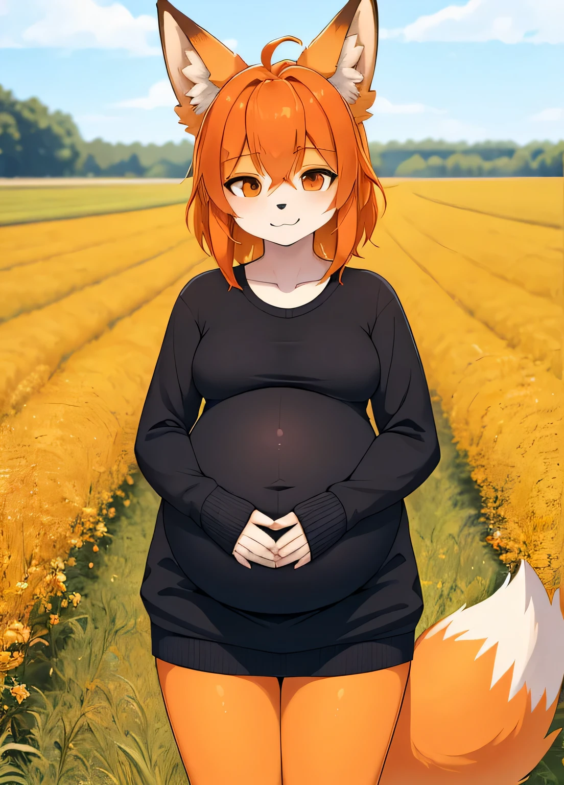 (masterpiece:1.2, best quality), (centered image composition), 1girl, solo orange hair, orange fluffy fox ears, fully clothed, background, field of depth, front_light, pregnant, holding positive pregnancy, small belly
