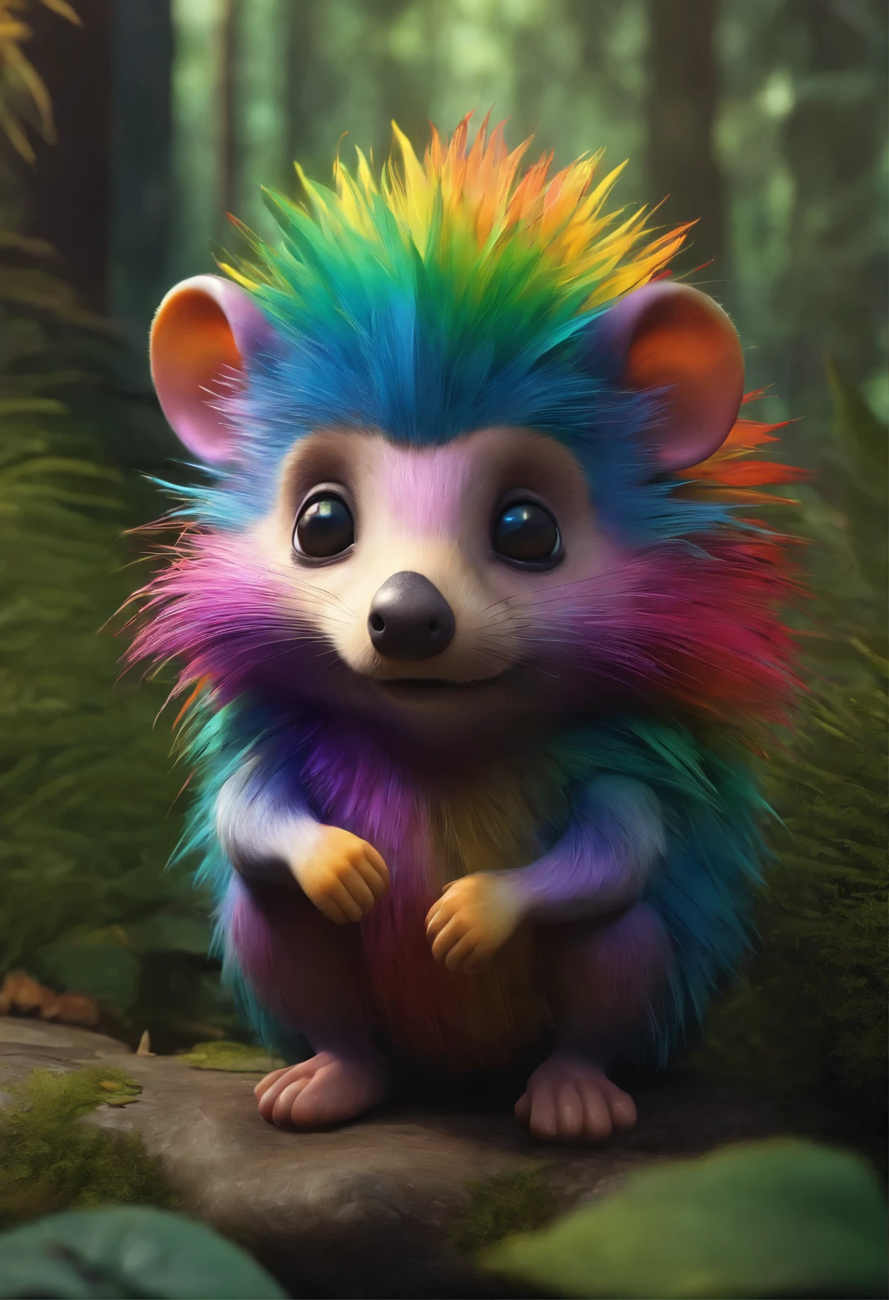 A brightly colored hedgehog sits on a stone in the forest, adorable digital painting, Render monkeys, anthropomorphic hedgehog, rainbow fur, Rendering Marmoset ToolBaged, Zbrush Color Renderer, Рендеринг Marmoset ToolBag, The octane number turns a lonely rainbow, cute 3 d render, dark rainbow colored fur, cute detailed digital art, whimsical demon with rainbow fur