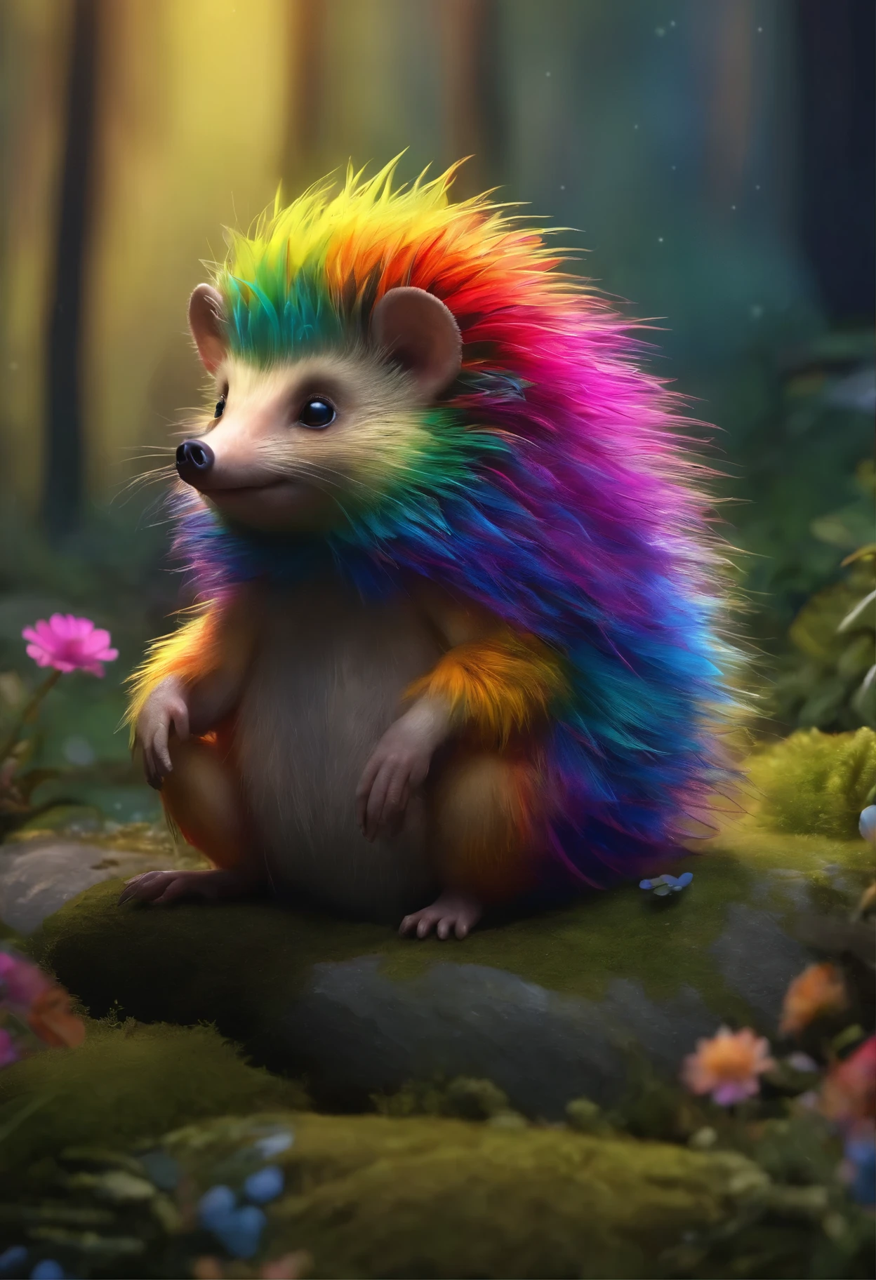 A brightly colored hedgehog sits on a stone in the forest, adorable digital painting, Render monkeys, anthropomorphic hedgehog, rainbow fur, Rendering Marmoset ToolBaged, Zbrush Color Renderer, Рендеринг Marmoset ToolBag, The octane number turns a lonely rainbow, cute 3 d render, dark rainbow colored fur, cute detailed digital art, whimsical demon with rainbow fur