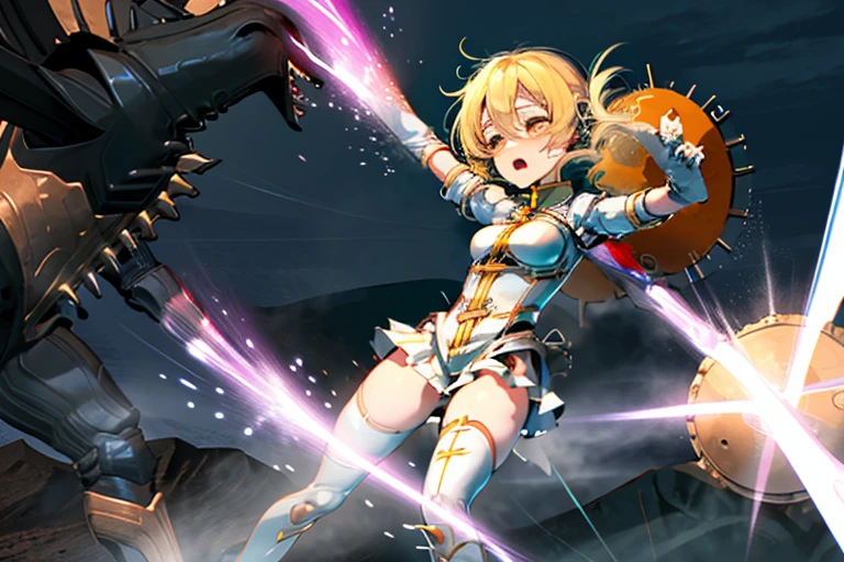 1 girl, mami tomoe, giganSlash,horror (theme),arm blade,mechanical arms,damaged,motion blur,slashing,glowing,screaming,tears,damaged,explosion,screaming,open mouth,crying,tears,