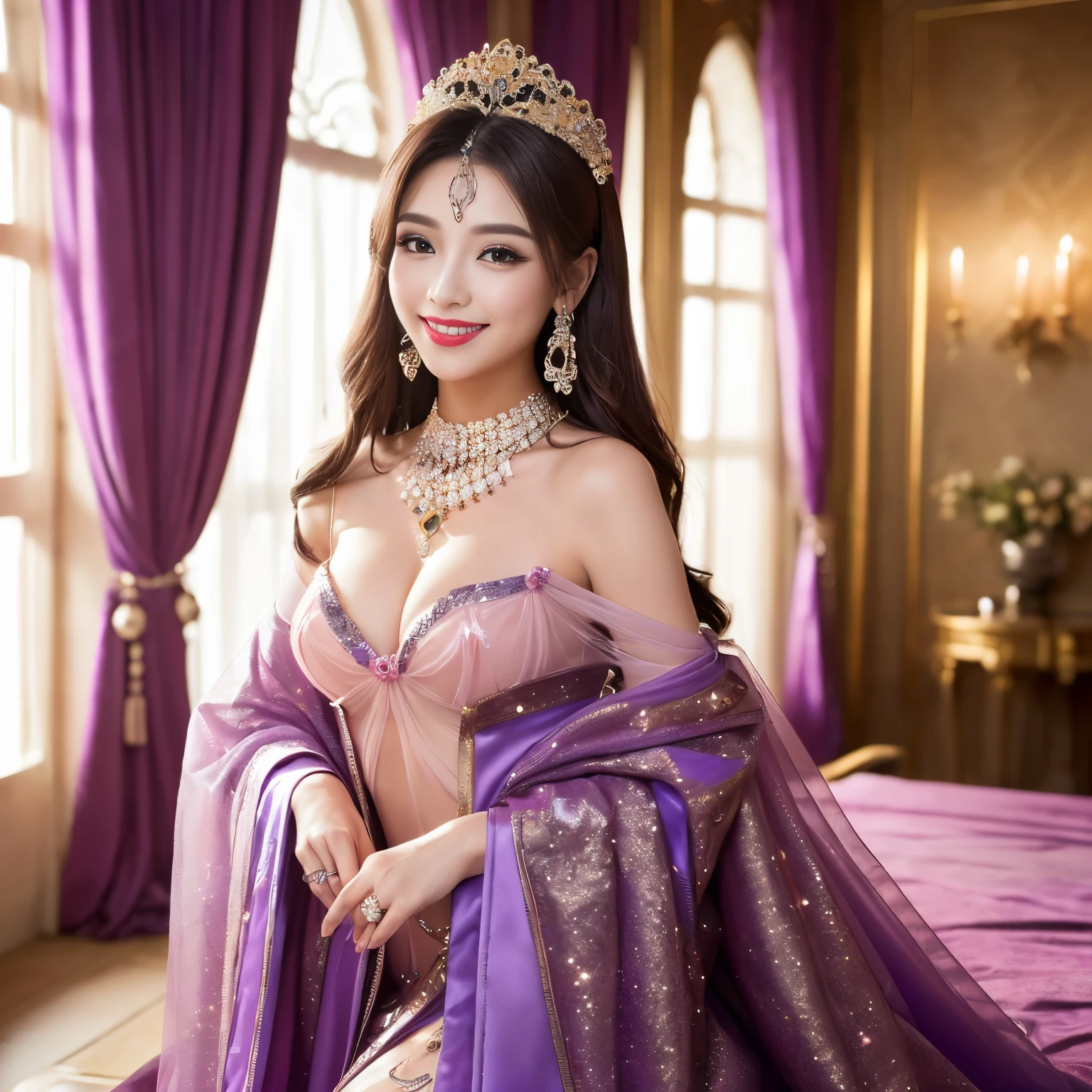 ((top-quality、masutepiece、8K、Top image quality、Highly complex and detailed depictions))、(Japan'the most gorgeous whore goddess:1.1)、((The most gorgeous prostitution goddess huge costume、The most vivid and luxurious costume Iglon costume、An unimaginably luxurious goddess brothel、Glittering purple and pink room、The most luxurious purple and pink room、purple and pink gems、A night in a glittering room decorated with plenty of jewelry、Very complex decoration、A very transparent goddess room))、(View me、Bewitching smile、Perfect makeup、long eyelashes、lipsticks、Pink eyeshadows、perfect anatomia、Biggest smile)