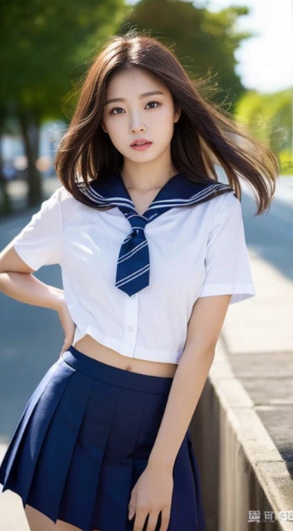 Wearing a short skirt posing for a photo, female students, , a hyperrealistic schoolgirl, in a white shirt, Hot with shining sun, A woman with the same face as last time,4K、1Man Woman、A slender、 Loose wavy styling 、captivating and enticing、FULL BODYSHOT、Including face and skin texture.,Detailed eyes、a seductive look, a hyperrealistic schoolgirl, Be braless、The chest is open、The stomach is visible、Wearing a disheveled sailor suit、Open legs、