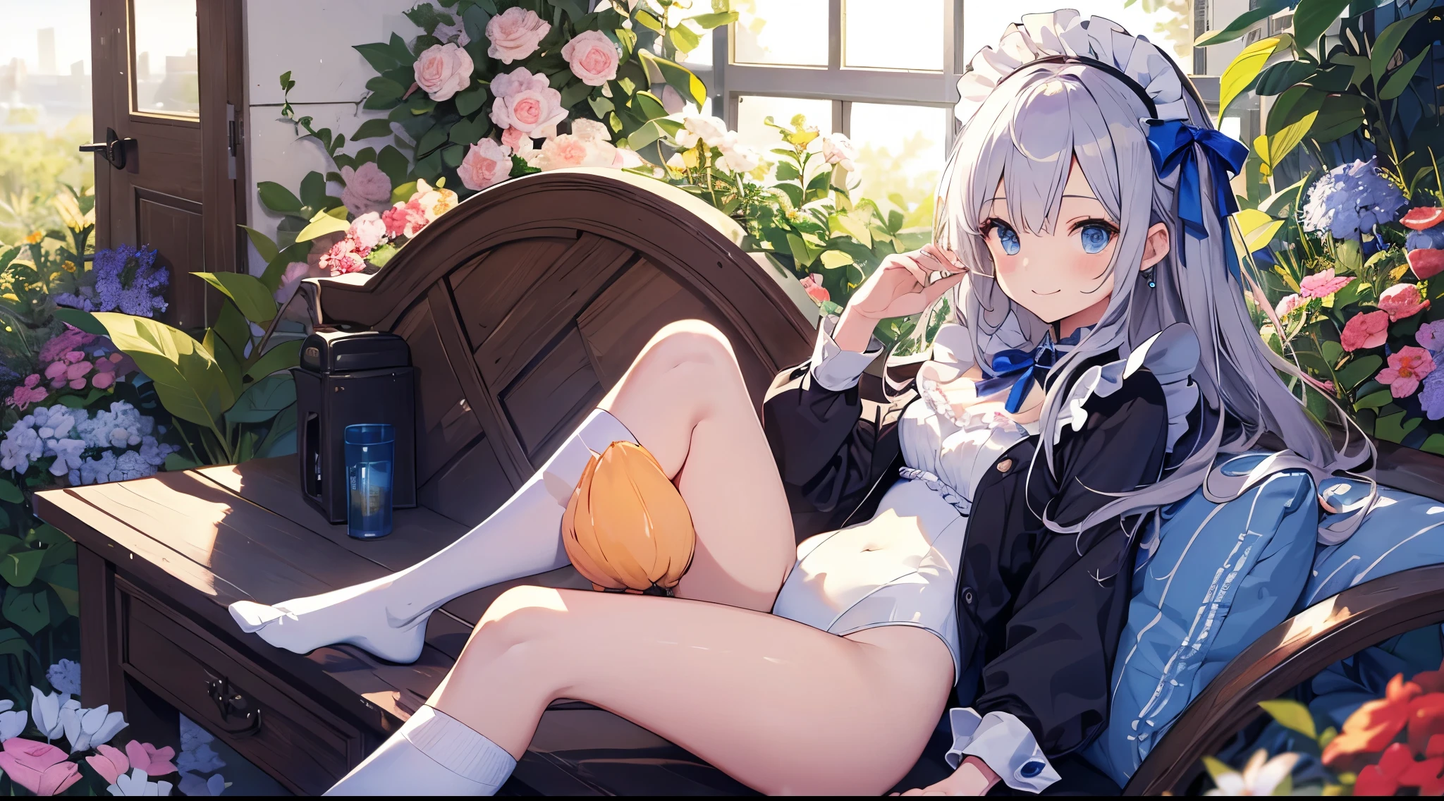 Beautiful illustration、top-quality、cute it girl、(transform sequence)、Beautiful blue Japanese-style maid uniform、((white leotard))、10y old、elementr beautiful girl、Fractal Art、baby-face、Silver Straightg Haiautiful detailed blue eyes、kindly smile、Full Body Display、Western-style garden、(1 persons)、long-sleeve、Bright, beautiful sunny garden、(knee high socks)、is standing、(highleg)、You can see the chest