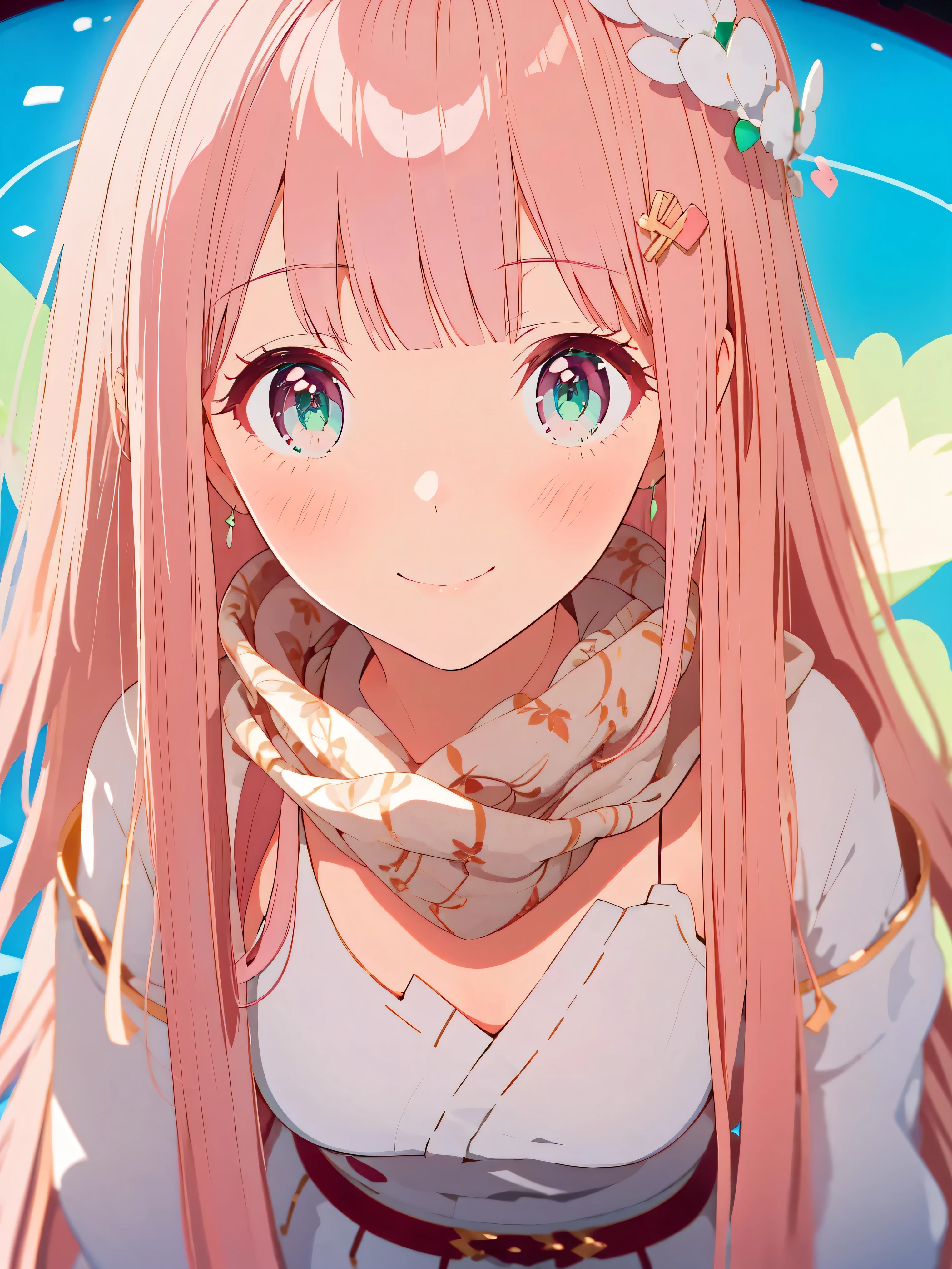 {{{{tmasterpiece}}}}, {{{ultra - detailed}}}, {{{A high resolution}}}, {{Good anatomy}}, (((Best quality at best))), ((Maximalism)), ((One with his eyes closed)), ((Emerald eyes,with pink hair)),{{Extremely detailed and refined}}, {8k CG wallpaper}, {{illustratio,Get on camera,closeup of face,Face portrait}}, (long whitr hair|detailed hair|bluntbangs|shinny hair), traditional pajamas: The white, knit hat: The white,brown knitted scarf ,proud face,Blushing with joy,(1 girl:1), Alone,little breast, (color difference:1.2)