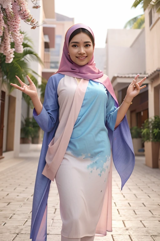 Create an ultra-realistic, photorealistic image of a 30-year-old Malaysian woman wearing a hijab. The woman should have a perfect body, glossy lips, big eyelashes with eyeliner, and double eyelids. The image should portray her in a modern chic hijab style with geometric patterns in pastel colors, accessorized with a brooch. The background should be a lush tropical garden, vibrant and green. The woman should be in a standing pose, smiling softly, looking to the side, with her hands gently touching the hijab. The overall style should be super cute with elements of surrealism integrated into the design. Ensure the lighting and textures are detailed to achieve a highly realistic and captivating effect