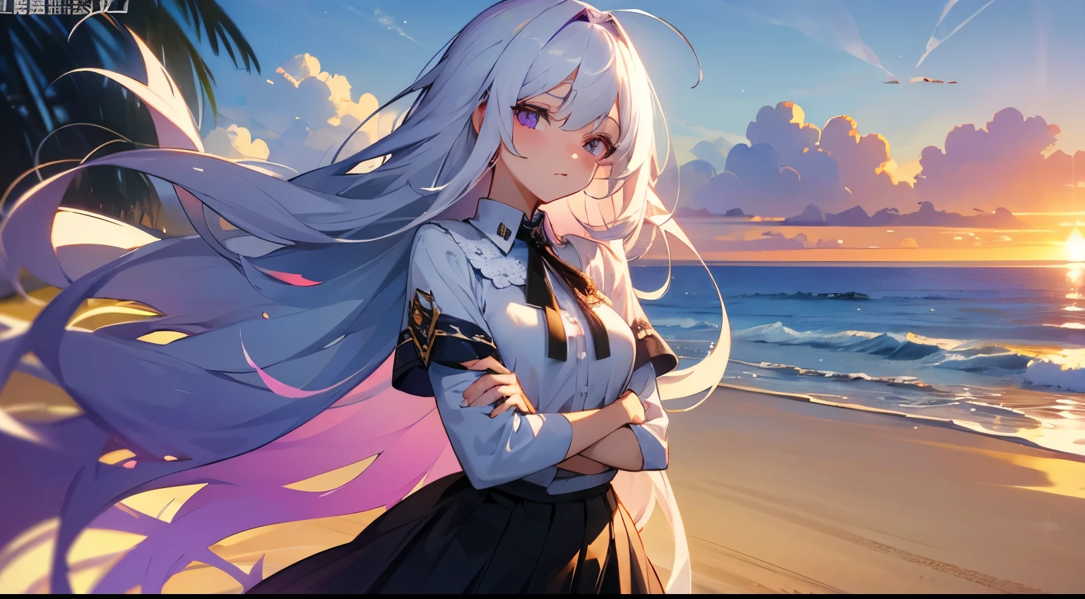 sandbeach，beachside，the sunset，Long white hair，Purple eye，a black pleated skirt，8K分辨率，White color blouse，Unhappy expression