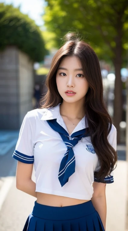 Wearing a short skirt posing for a photo, female students, , a hyperrealistic schoolgirl, in a white shirt, Hot with shining sun, A woman with the same face as last time,4K、1Man Woman、A slender、 Loose wavy styling 、captivating and enticing、FULL BODYSHOT、Including face and skin texture.,Detailed eyes、a seductive look,Open legs、 a hyperrealistic schoolgirl, Be braless、The chest is open、The stomach is visible、Wearing a disheveled sailor suit