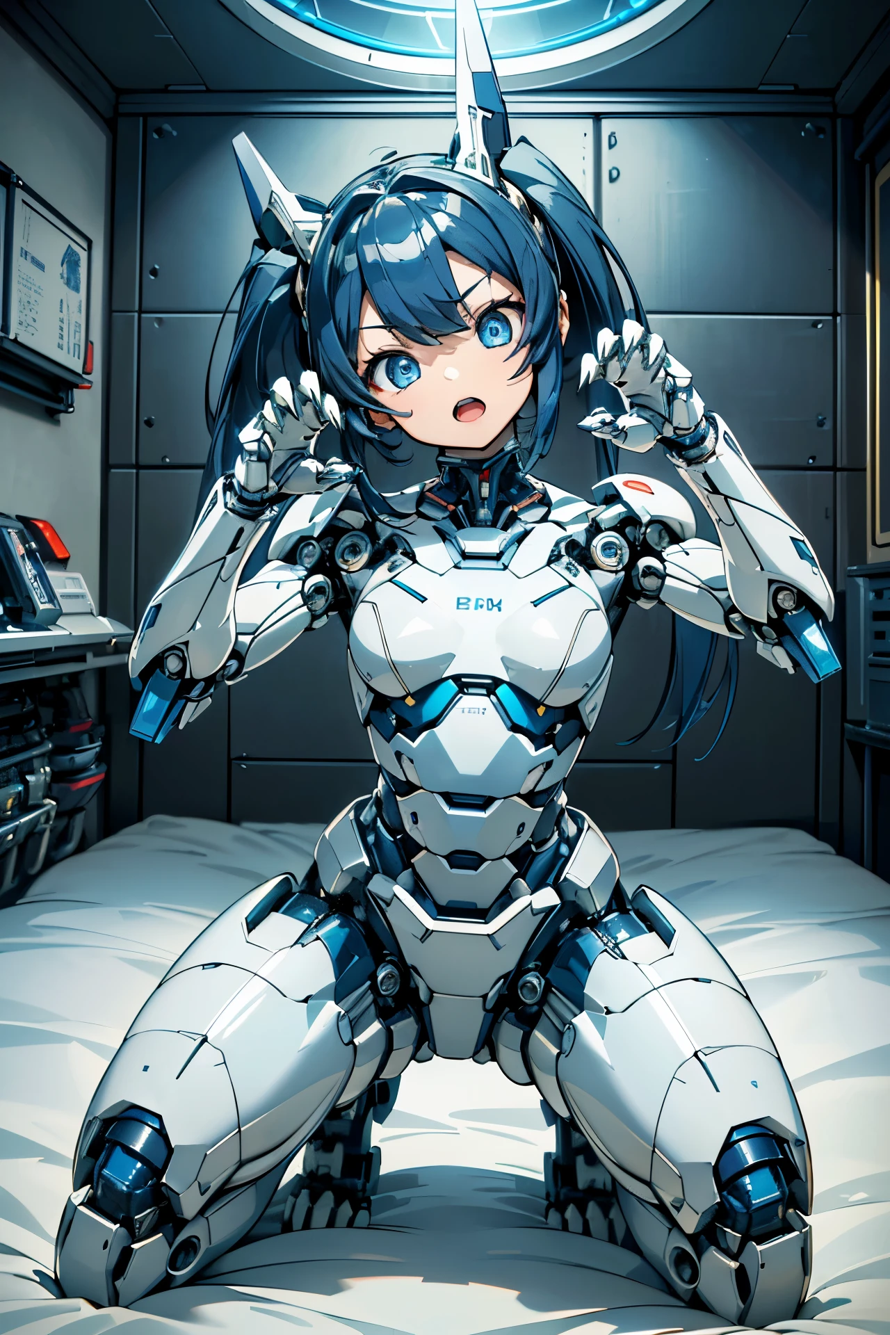 (((masterpiece))), (((Best Quality))), (((high quality))), (((beautiful))), (((8K))), (((highres))), (((absurdres))), (((exquisite))), (((Ultra high definition))), (((High resolution))) loli robot, (toddler:1.4), (Highly detailed and extremely complex mechanics:1.3), (extra large head:1.5), (darkblue hair), (Super long dark blue sideburns), (dark blue long ponytail), (Very small blue eyes:1.4), (Super drooping eyes:1.4), (Highly detailed eye depiction), (overweight), (super short legs), (Streamlined body based on pure white), White and navy blue pilot suit, navy blue tight-fitting clothes, White and navy blue shoulder cover clothes, White and navy blue shiny clothes, navy blue tight fit pants, White and navy blue thigh cover pants, (Machine body:1.4), (Mechanical joints:1.4), (An extremely complex machine visible through its joints:1.4), mecha musume, Mechanical parts, Robot joints, Headgear, (Squatting on the bed:1.4), (Open mouth:1.4), (Bedroom and walls inside a mechanical spaceship:1.3), (spaceship round window 1.4), (claw pose:1.4), (Head tilt:1.3)