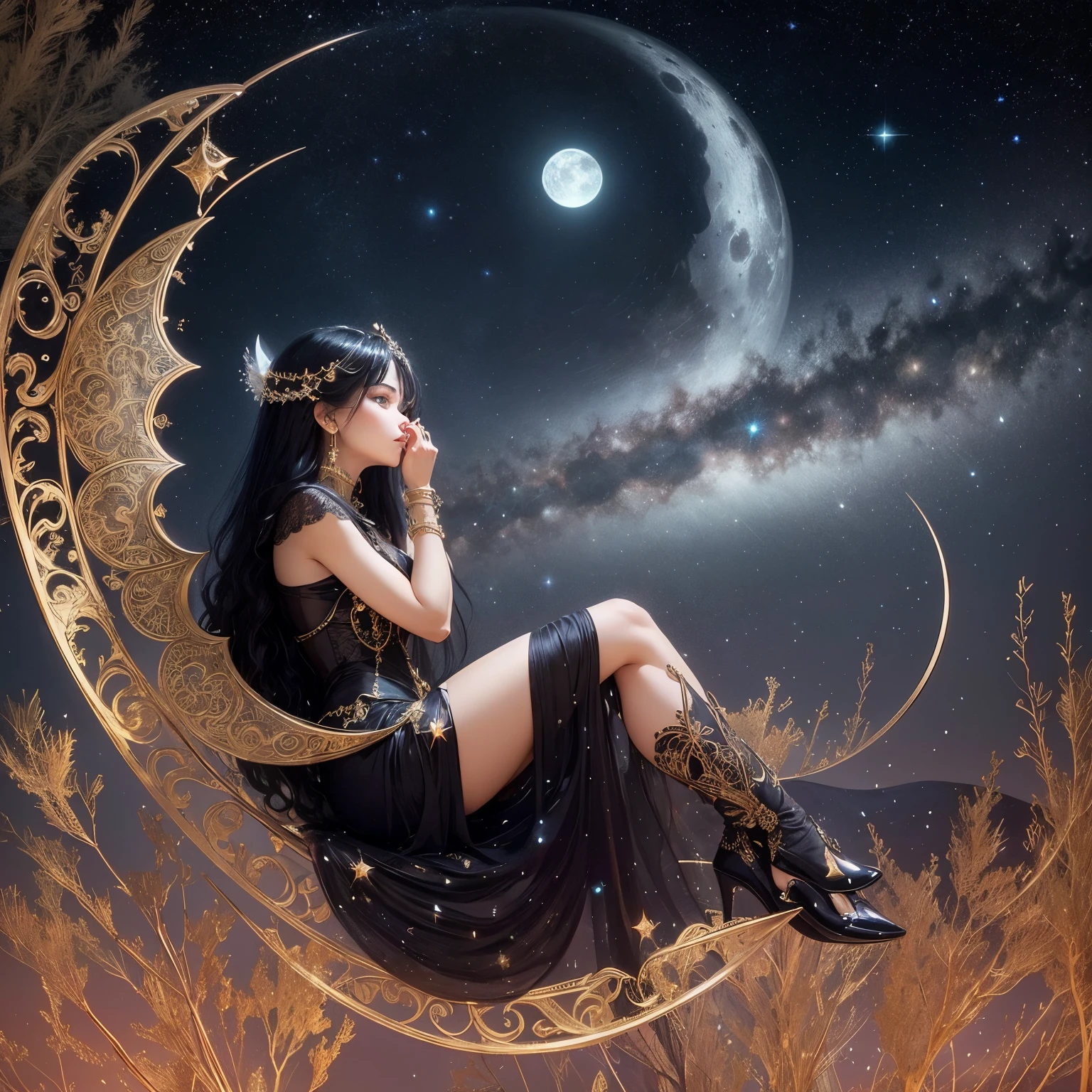 In the quiet stillness of the night, a black haired fairy of the moon sits upon her shimmering bedazzled crescent throne, her eyes alight with wonder as she watches a single star shoot across the sky. The stellar winds blow hot and cold, carrying her thoughts and dreams to the far reaches of the universe, much jewelry, topiary, filigree, beautiful silken dress, lacey accessories, time, full beautiful hair, beautiful eyes, swirling curling twirling beautiful fluffy hair,