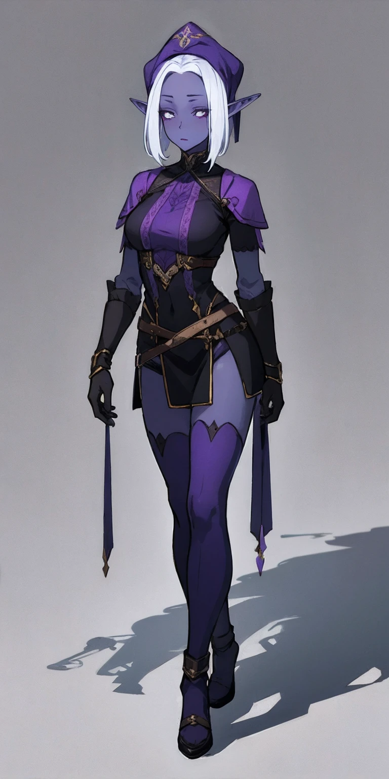 Masterpiece, standing straight symmetrical, full body female drow elf slave wearing an adventurer outfit, black blindfolded, (very purple skin)