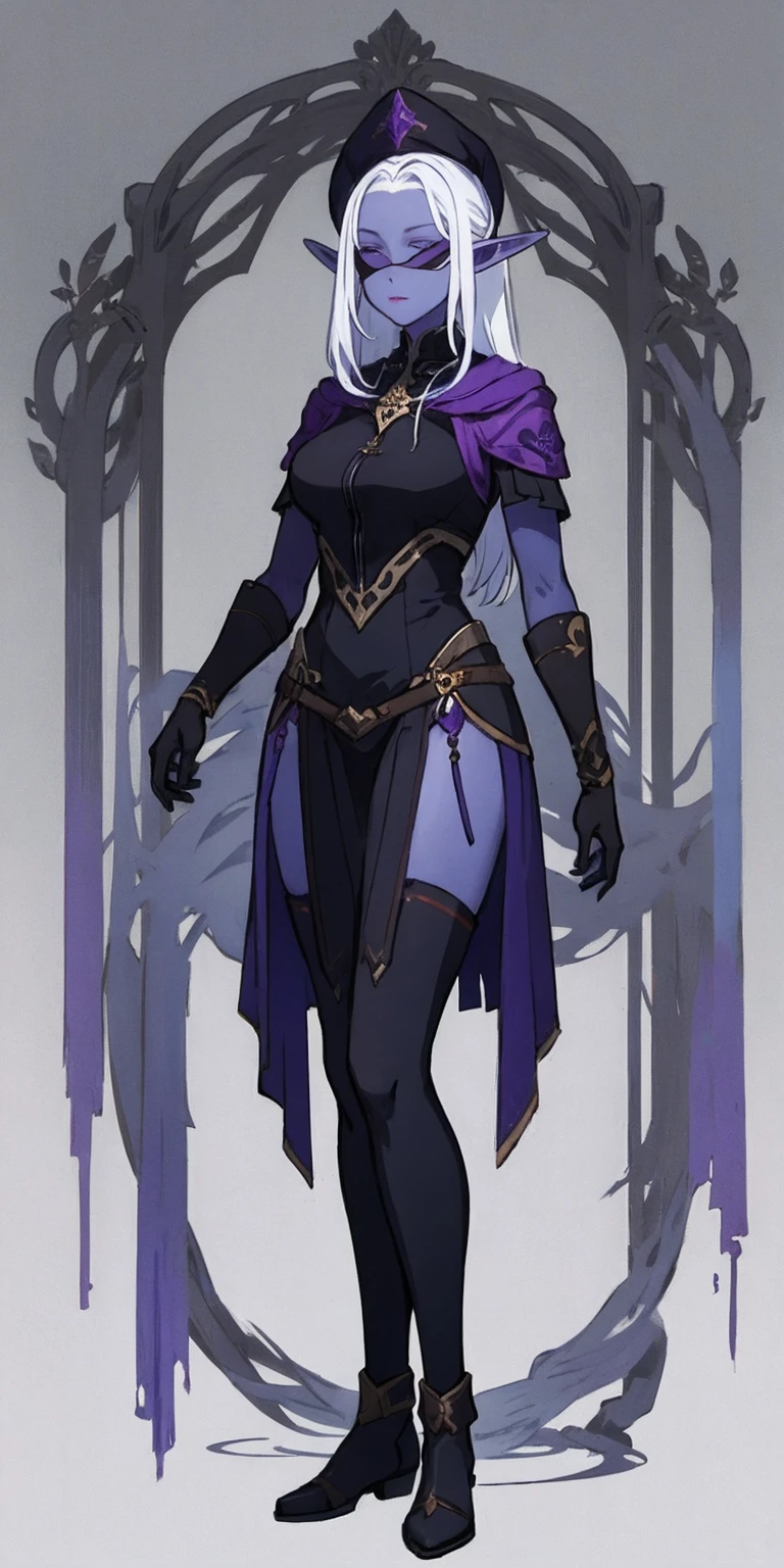 Masterpiece, standing straight symmetrical, full body female drow elf slave wearing an adventurer outfit, black blindfolded, (very purple skin)