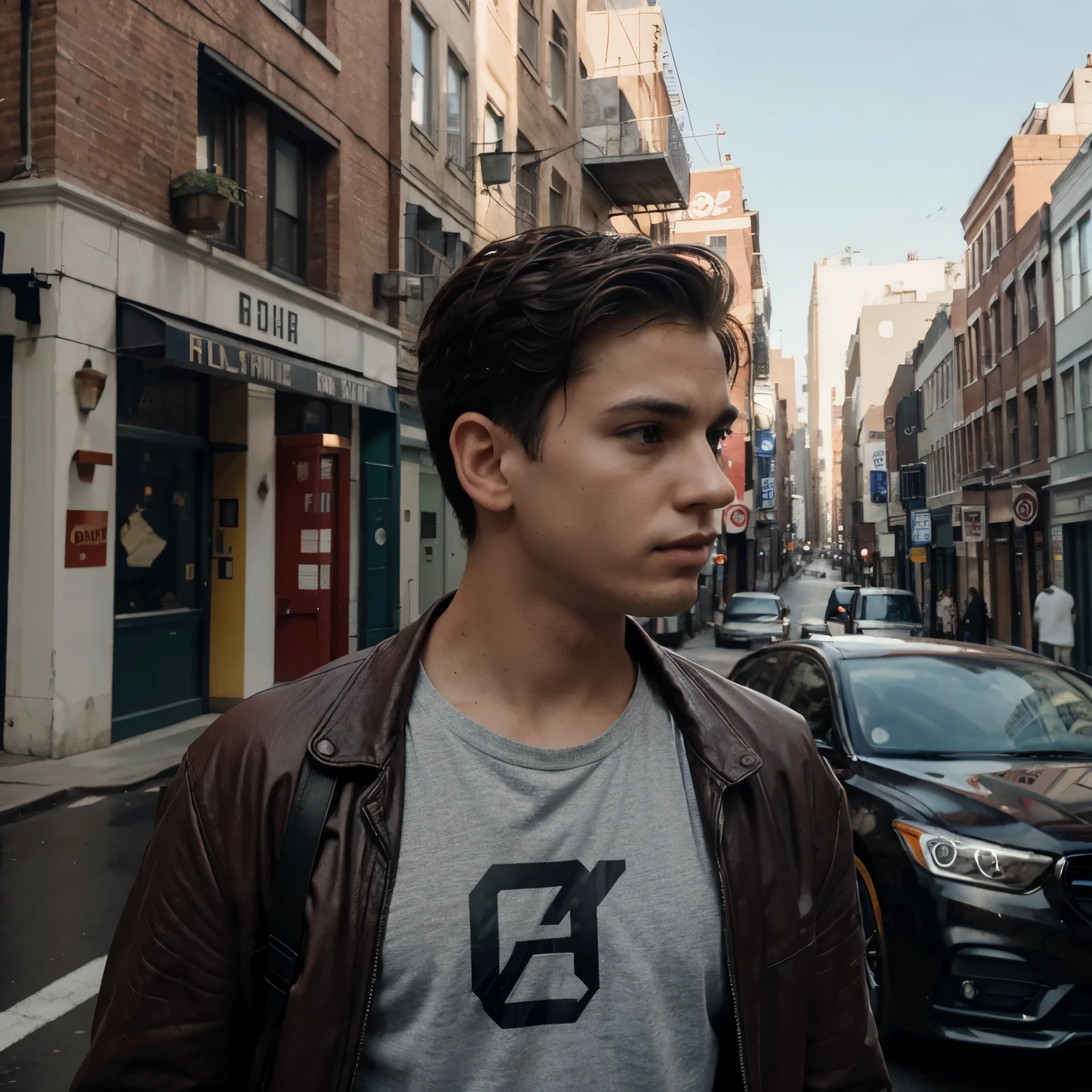 A boy with a car drink red vine street futuris tic background realistic