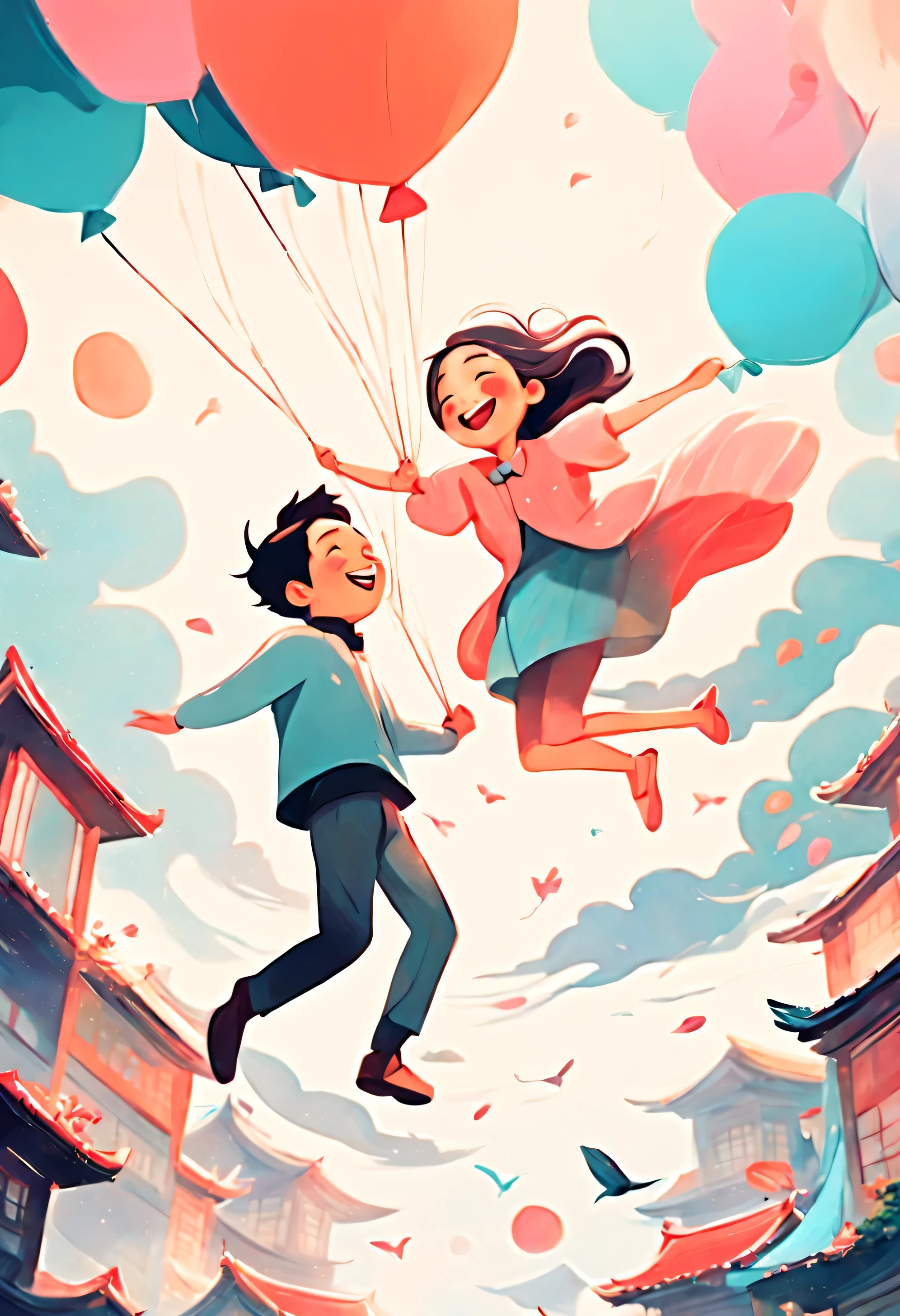 a couple falling from sky((smiling))), by Yanagawa Nobusada, dreamy illustration,a beautiful artwork illustration, by Matteo Pérez, by Rose Henriques, jen bartel, by Max Buri, colorful illustration, by Ryan Yee, blurry and dreamy illustration, colorfull illustration, cyril rolando and goro fujita, surreal flat colors