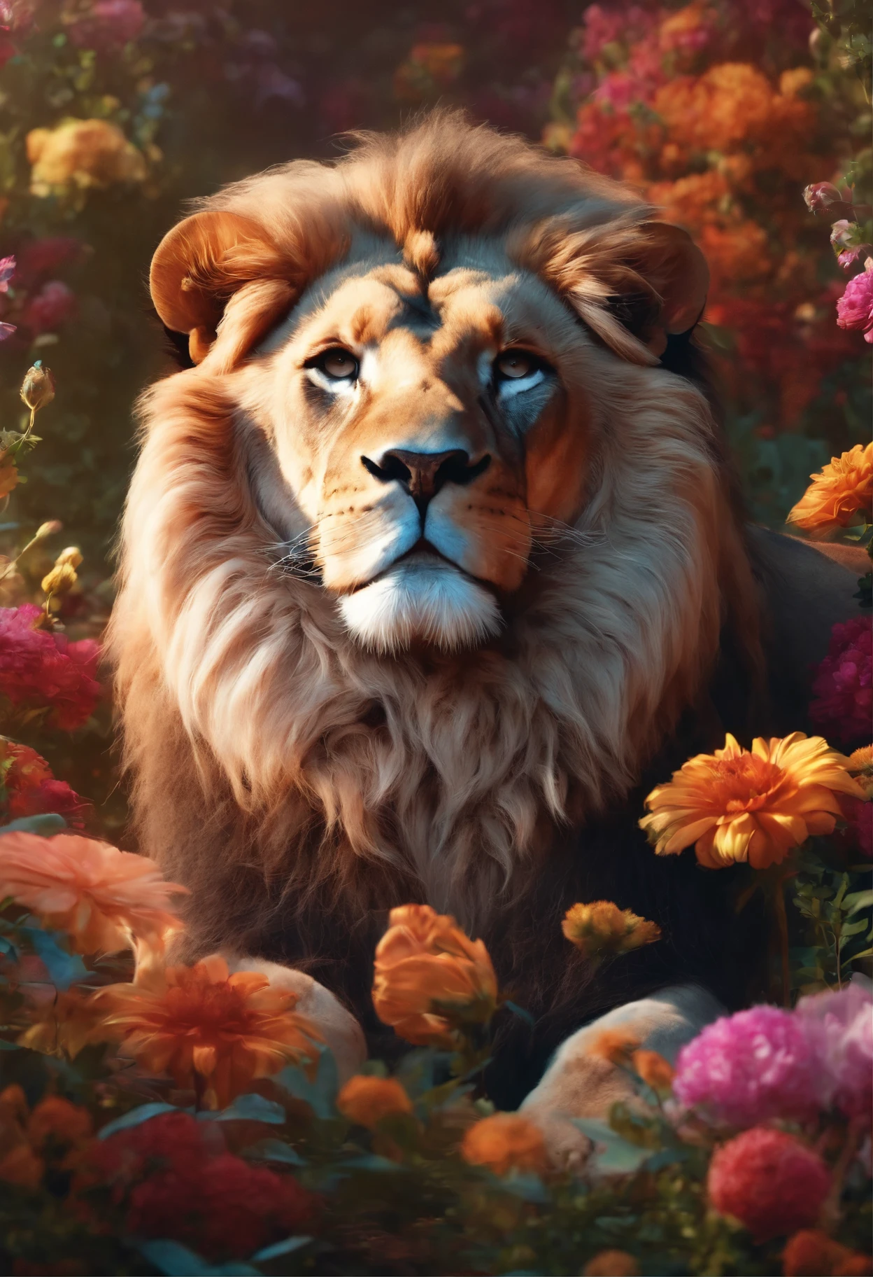 there is a huge lion with flowers on its face, with flowers on head and rainbow background, digital art animal photo, beautiful digital artwork, stunning digital illustration, style hybrid mix of beeple, Amazing digital art, gorgeous digital art, Extremely detailed digital art, high detailed digital art, 4k high detailed digital art, beeple. hyper realisitc, detailed digital 3d art