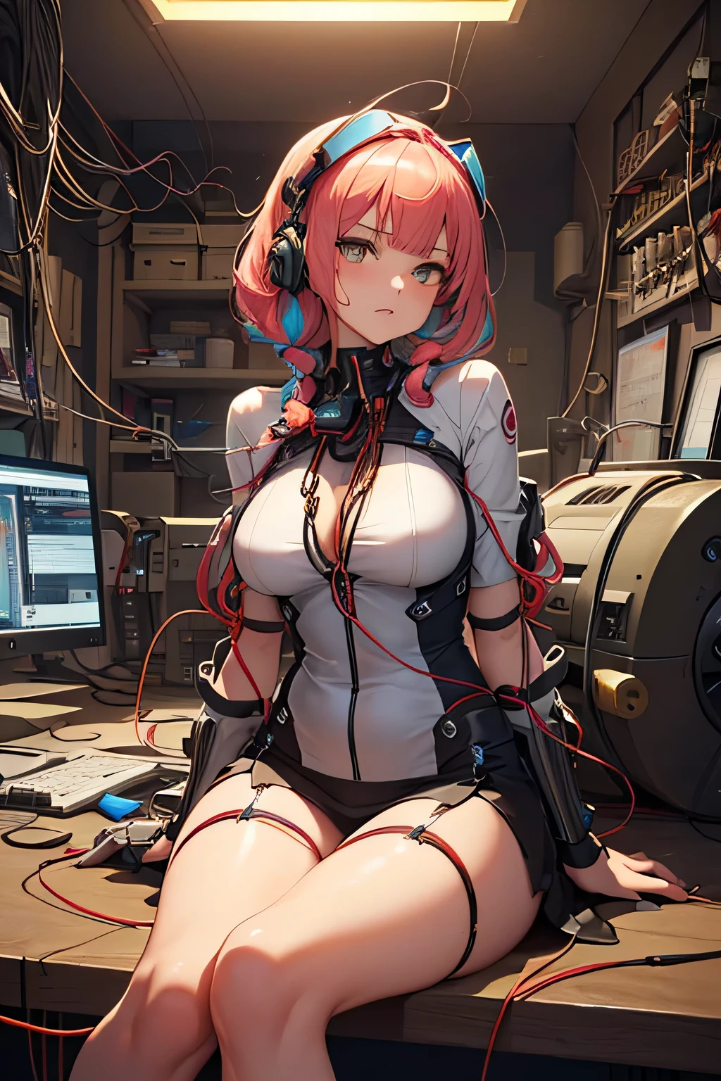 (((masutepiece))), (((Best Quality))), ((Ultra-detailed)), (High Definition CG Illustration), ((extremely delicate and beautiful)), Cinematic Light,((1 Mecha Woman)),Solo,Mature,large full breasts,Plump, Full body,(Machine-made joints:1.2),((Mechanical marginal vessels connected to tubes),((mechanical cervial attaching to neck)),(Sitting),(wires and cables attaching to neck:1.2),(wires and cables on head:1.2)(Character Focus),Science fiction,((ighly detailed,Colorful)),highest details