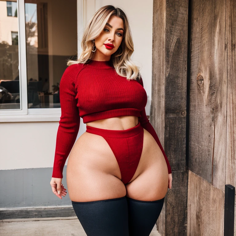 Mother, middle aged, thicc:2, extremely thick thighs:2, extremely wide hips:2, extremely big butt:2, dyde blonde hair, extremely full lips, red lipstick, sweater, leggings