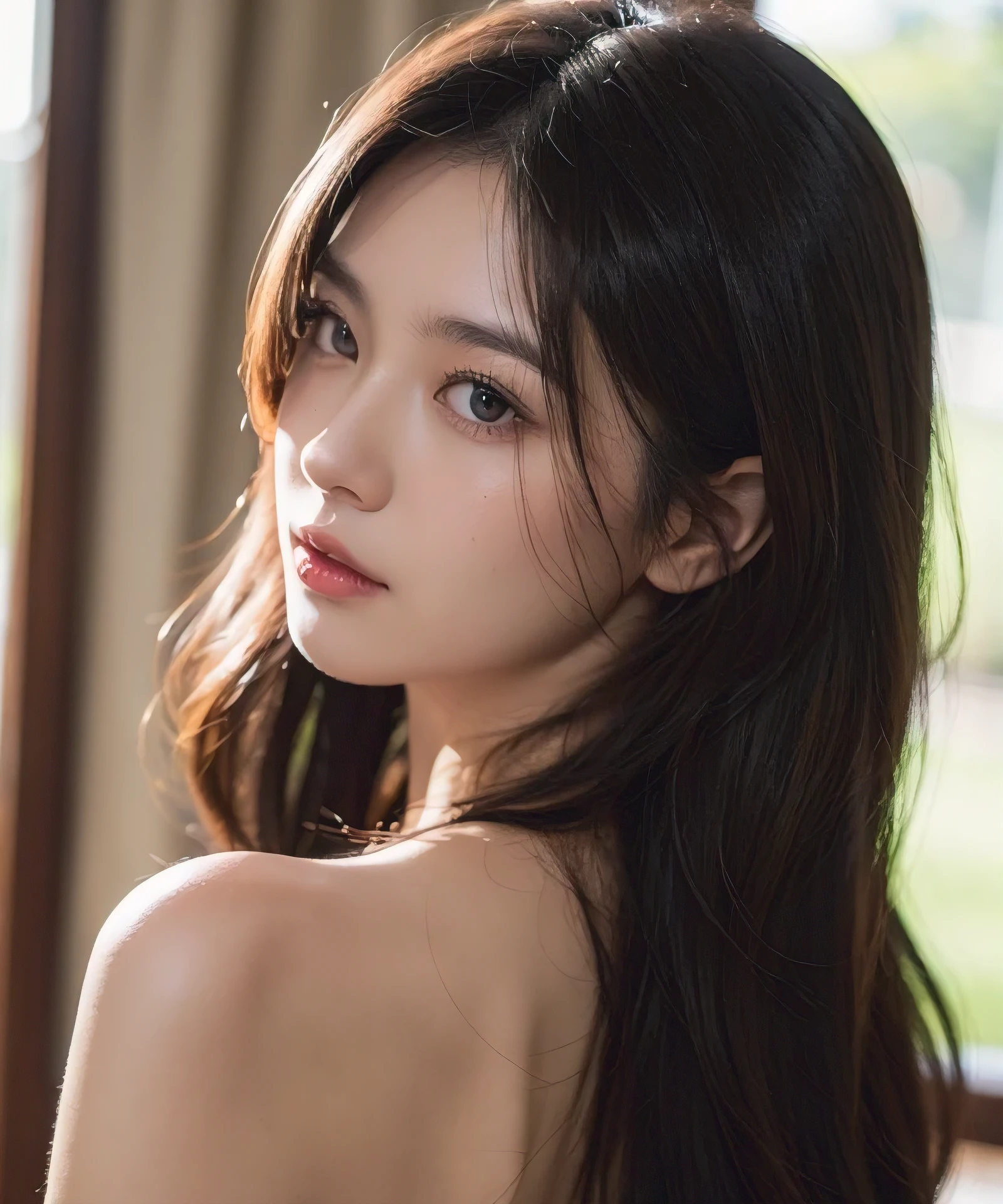 upperbody shot、front-facing view、a Japanese young pretty woman、Gentle face、hyper cute face、shiny lips、Double eyelids in both eyes、Natural makeup, long eyeslashes、Back Light, Bob Hair Tweeny Smooth Light Brown Hair、Hair swaying in the wind, asymmetrical bangs、Headframe、image in center、8K、high detailing、detailed hairstyle、A detailed face、spectacular movie lighting、octane renderings、with a vibrant、Ultra-realistic、Perfect limbs、perfect anatomia
