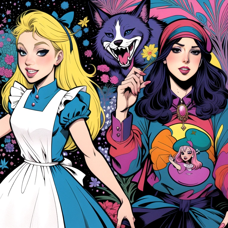 Eine Nahaufnahme einer Zeichentrickfigur mit einer Frau in einem Batikhemd, Alice in Wonderland with very large perfect breasts, Fantasy Pop Art, Alice im Wunderland-Stil, inspiriert von Alice Prin, psychedelischer Manga, Lebendige Cartoon-Kunst, Alice-im-Wunderland-Syndrom, Wie Alice im Wunderland, Lisa Frank & Sho Murase, psychedelischer LSD-Manga, Disney-Kunststil, Thomas Kinkade und Tristan Eaton