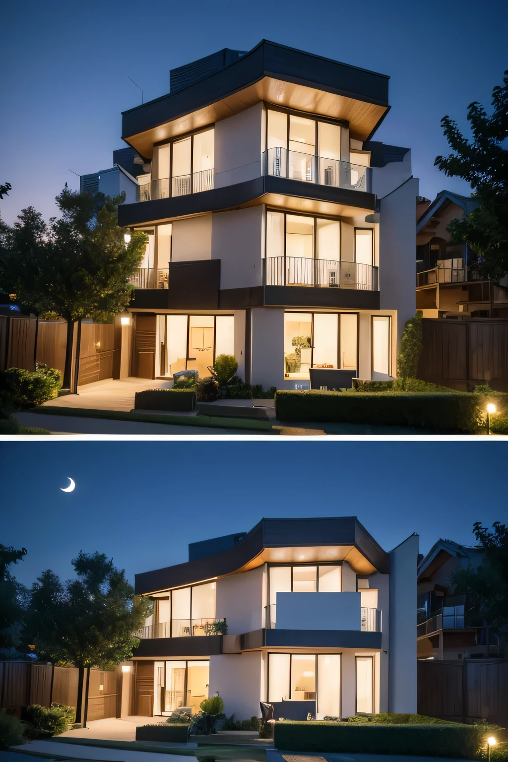 There are low-rise buildings in the garden community, nighttime scene, Photorealistic photography, High quality moon horizontal knot chart structure